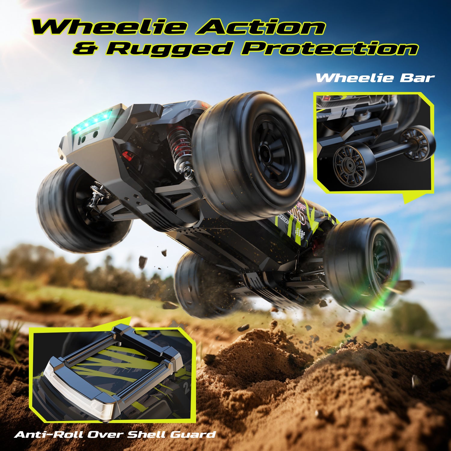 DEERC Brushless RC Car for Adults 1:14, Max 43mph RC Truck, 4WD Off-Road Monster Truck with 7-Color Lights & 3 Light Modes, Metal Oil Shocks, 2*7.4V Batteries, All-Metal Drivetrain, Compatible 3S Lipo