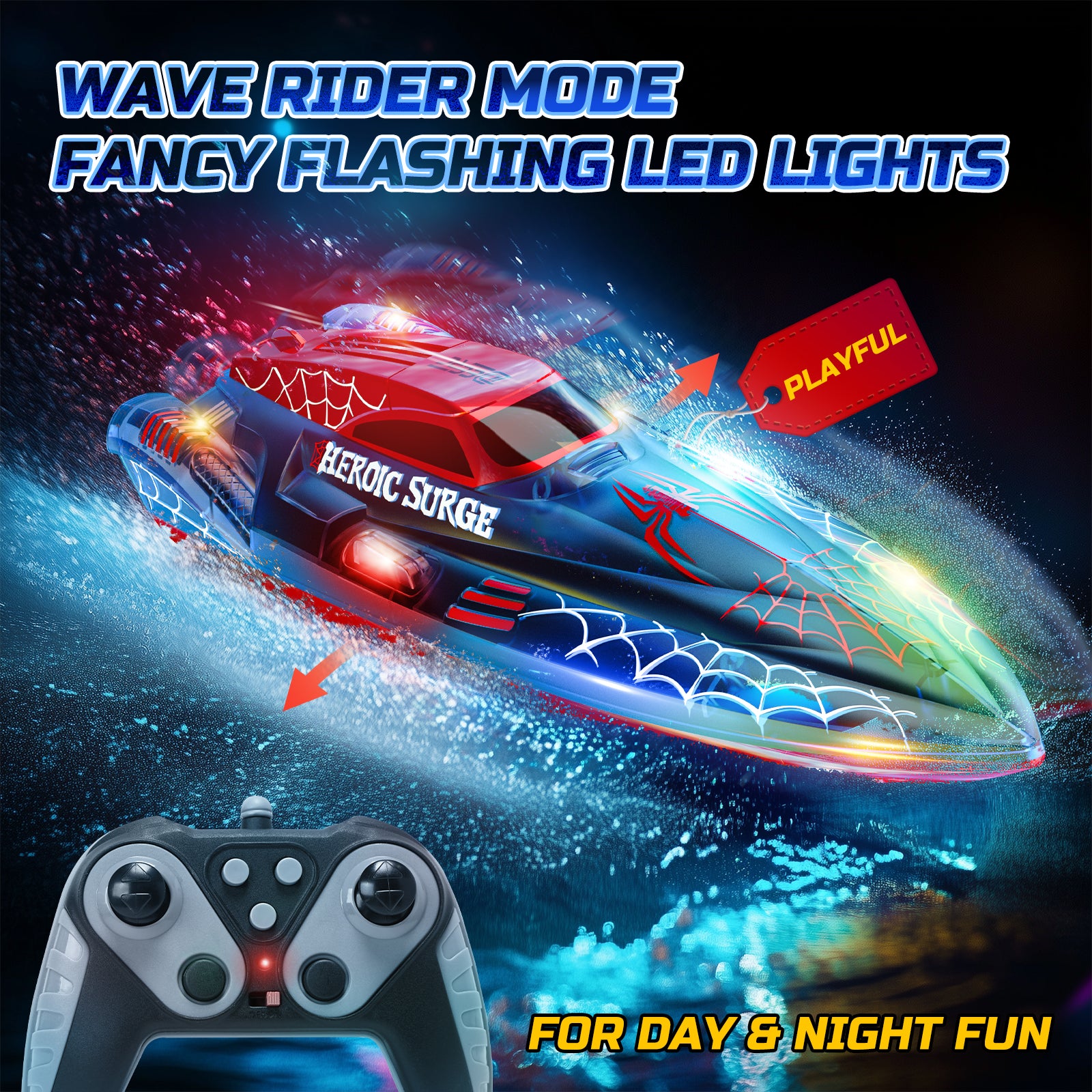 DEERC 13 inch Remote Control Boat for Kids, 2.4Ghz RC Spider Boat with LED Lights for Pools and Lakes, Summer Water Toy Gift for Boys 8-12, 2 Batteries