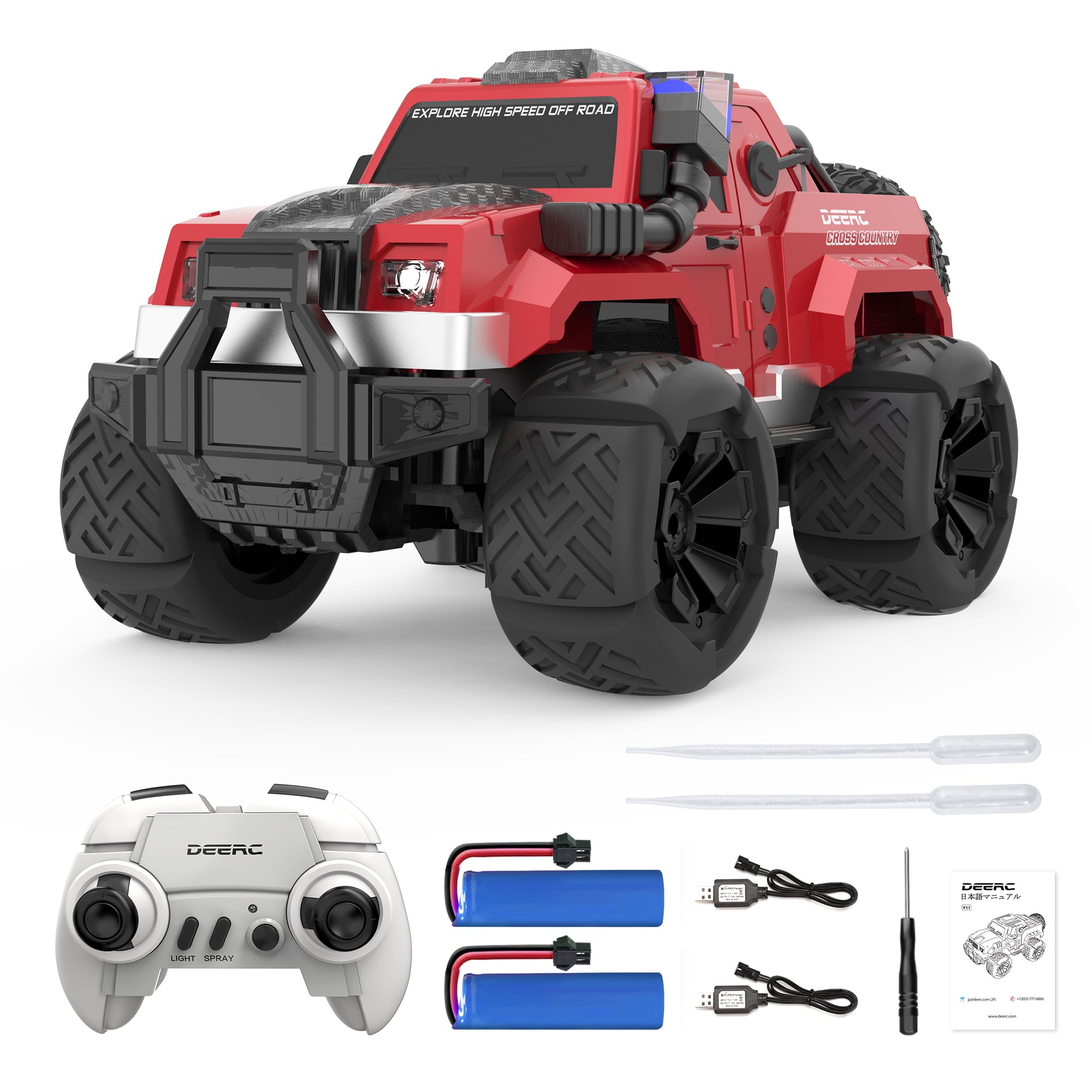 DEERC DE68 Remote Control Car for Kids RC Car with LED Headlights Spray and Snorkel 2.4GHz Off Road SUV All-terrain Monster Truck for Boys Girls
