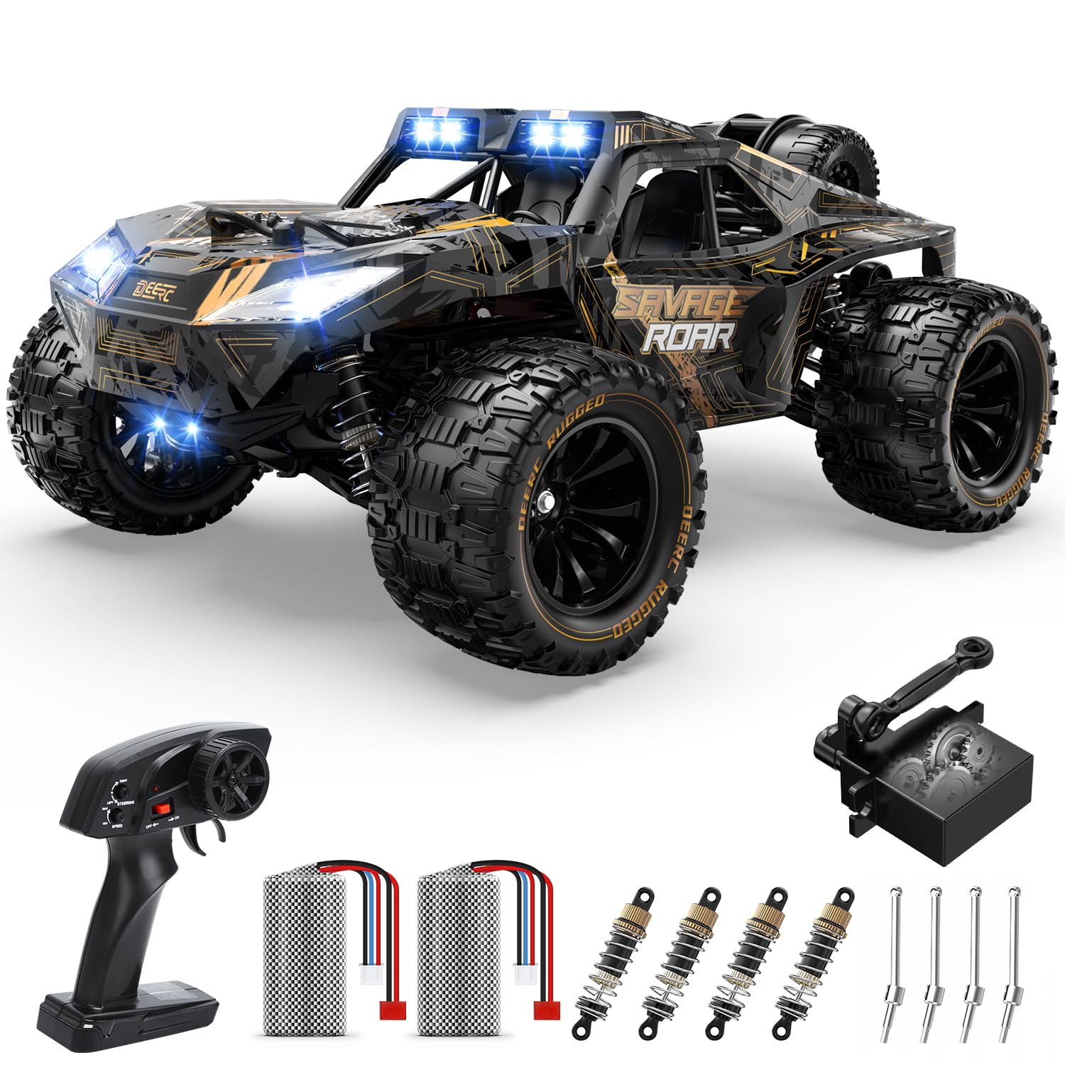 DEERC 1:14 Crawler RC Car, 48Kph High Speed RC Truck with LED Headlight for Boys Aldult, Offroad 4x4 2.4Ghz Remote Control Car, Monster Truck Toy, 2 Batteries, 40 Mins Running Time
