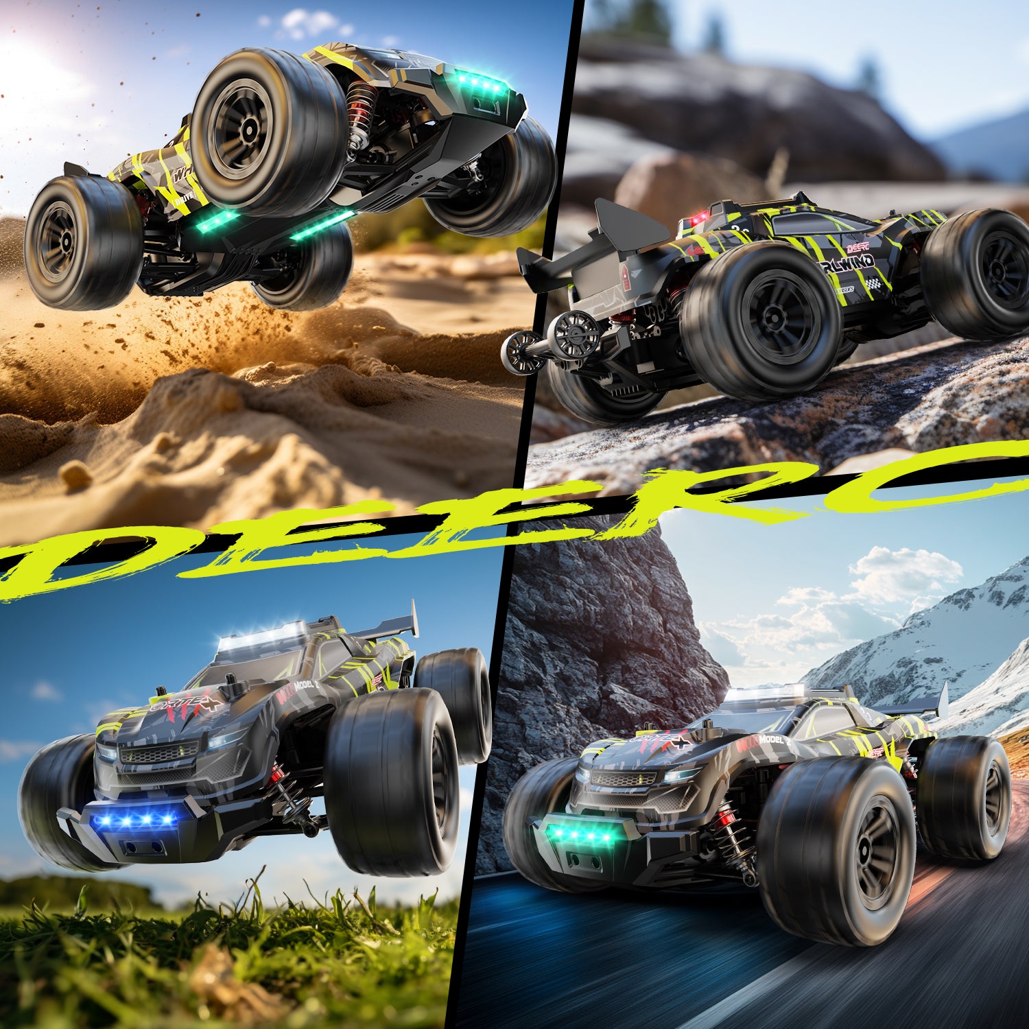 DEERC Brushless RC Car for Adults 1:14, Max 43mph RC Truck, 4WD Off-Road Monster Truck with 7-Color Lights & 3 Light Modes, Metal Oil Shocks, 2*7.4V Batteries, All-Metal Drivetrain, Compatible 3S Lipo