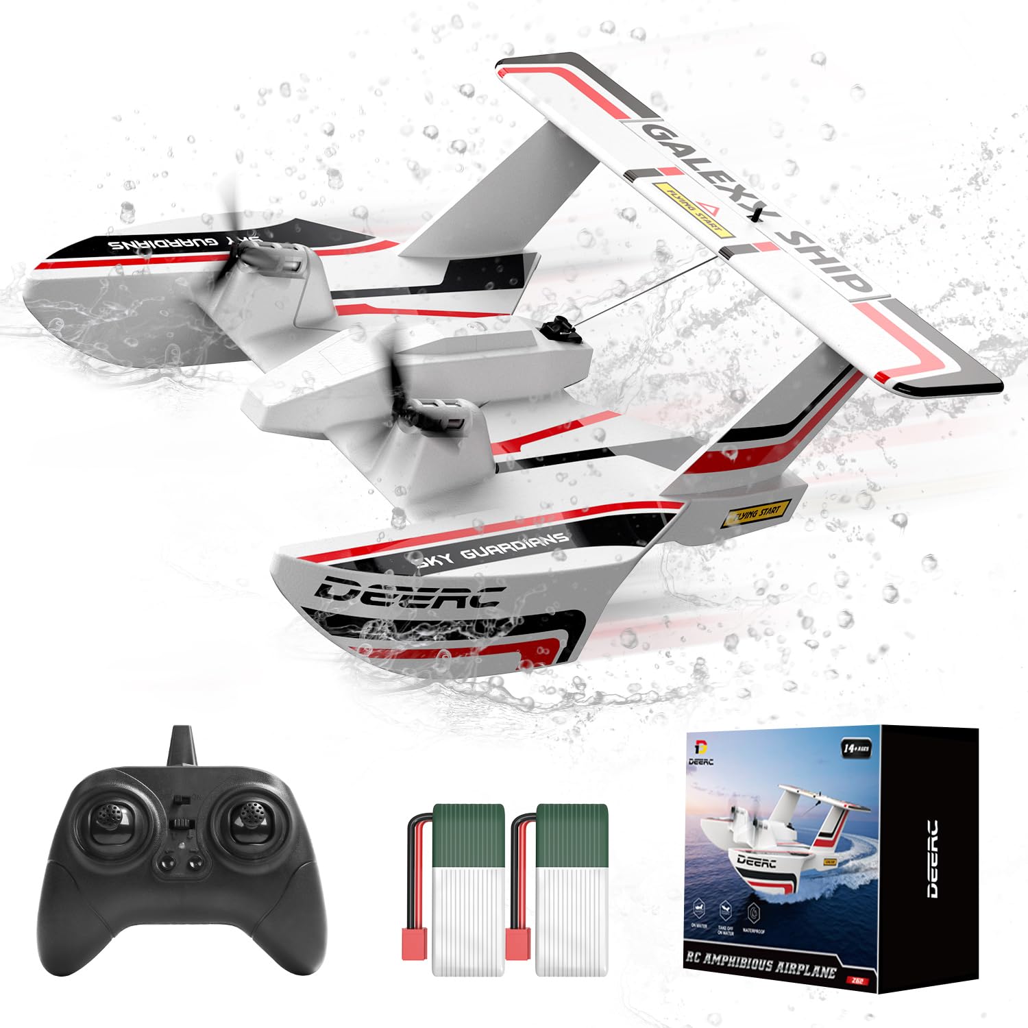 DEERC RC Plane for Water Land & Air, Amphibious Tri-Phibian Aircraft, 3CH Remote Control Plane W/ 2 Batteries, 2.4GHz RTF Airplane Glider for Boy Girl