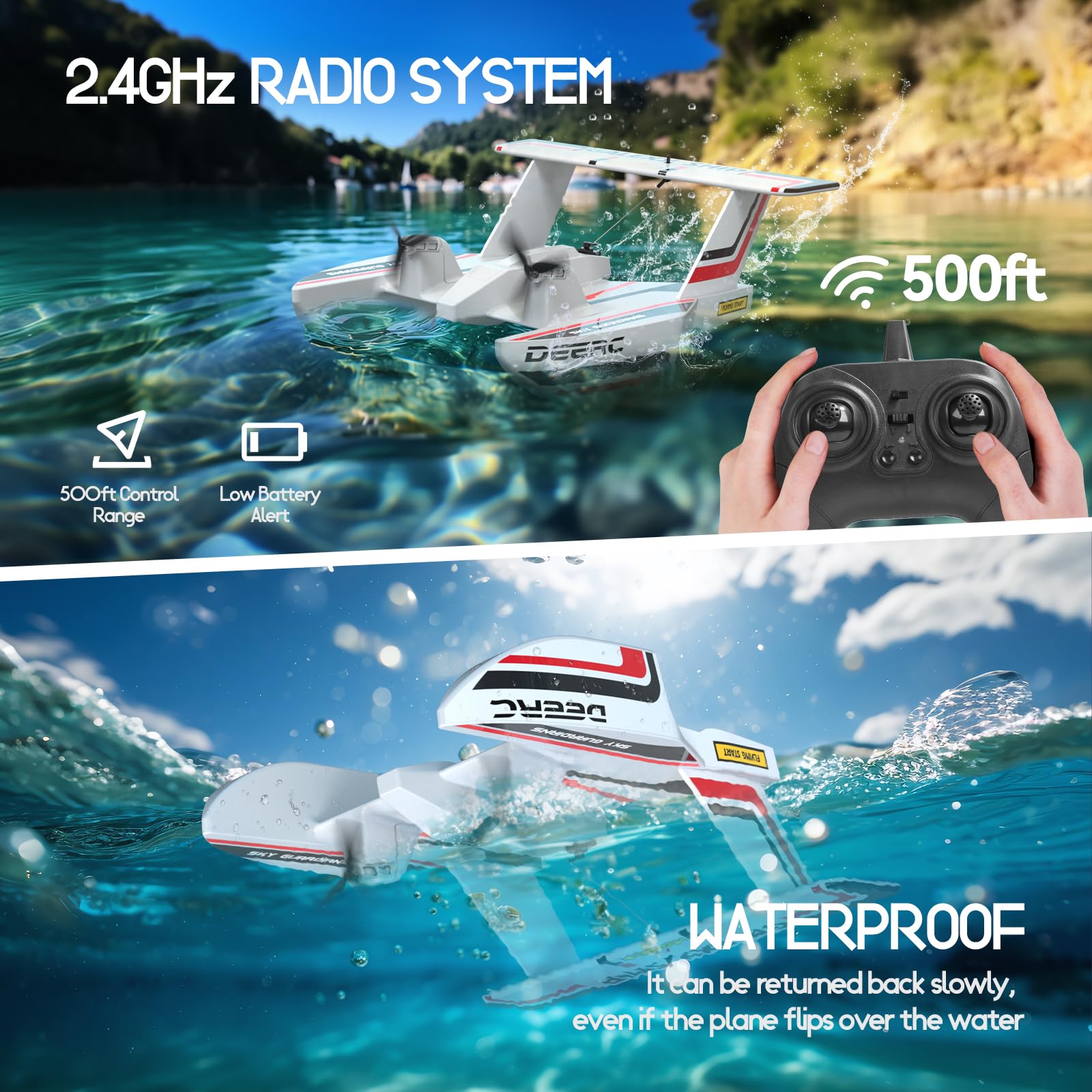 DEERC RC Plane for Water Land & Air, Amphibious Tri-Phibian Aircraft, 3CH Remote Control Plane W/ 2 Batteries, 2.4GHz RTF Airplane Glider for Boy Girl