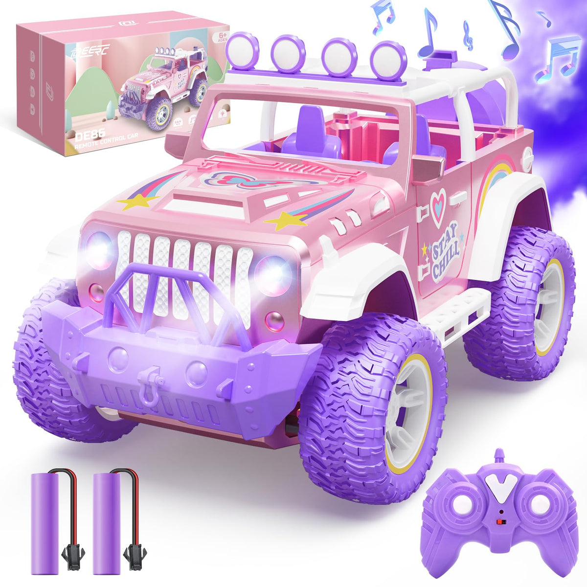 DEERC Pink Remote Control Car for Girls with Fog Mist & Music, 1:16 RC