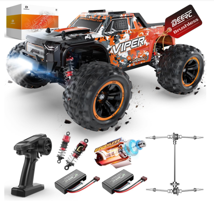 DEERC H16R Brushless Fast RC Cars,1:16 52KM/H High Speed Remote Control Car,4X4 All Terrains RC Monster Truck,Waterproof Off-Road Hobby Electric Vehicle Car Gift for Adults Boys,2 Li-ion Batteries