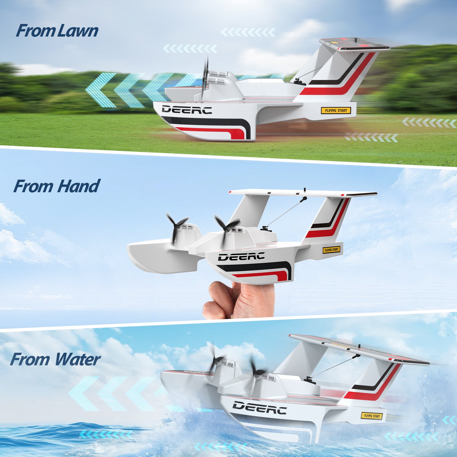 DEERC RC Plane for Water Land & Air, Amphibious Tri-Phibian Aircraft, 3CH Remote Control Plane W/ 2 Batteries, 2.4GHz RTF Airplane Glider for Boy Girl