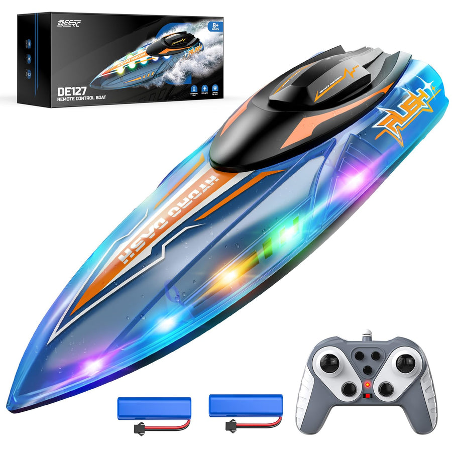 DEERC DE127 13" Remote Control Boat for Kids, 8 LED Light Modes, 2 Batteries 40 Min Runtime, 2.4GHz RC Racing Boat for Pools, Lakes and Outdoor Water Play, Gift for Boys