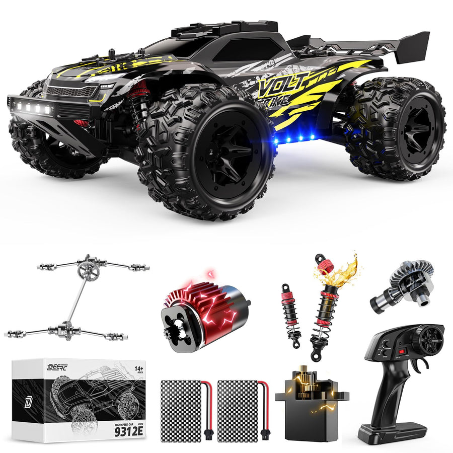 DEERC 9312E-YELLOW 1/18 Scale Fast RC Cars, 42+ KPH 4WD Off Road Remote Racing Car 50 Min Runtime, 2.4 GHz Waterproof All-Terrain Hobby High-Speed RC Monster Truck Gift for Adults & Boys, 2 Li-po Batteries（副本）