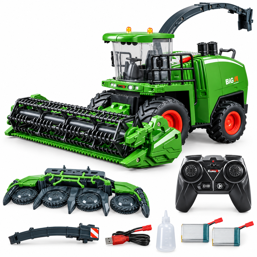 DEERC 3602 Remote Control Combine Harvester Toy, 1:24 RC Farm Vehicle for Kids 2 Interchangeable Headers, Lights and Sounds, Spray Mist, 2 Rechargeable Batteries, Up to 90 Min Total Play, Ages 4-9