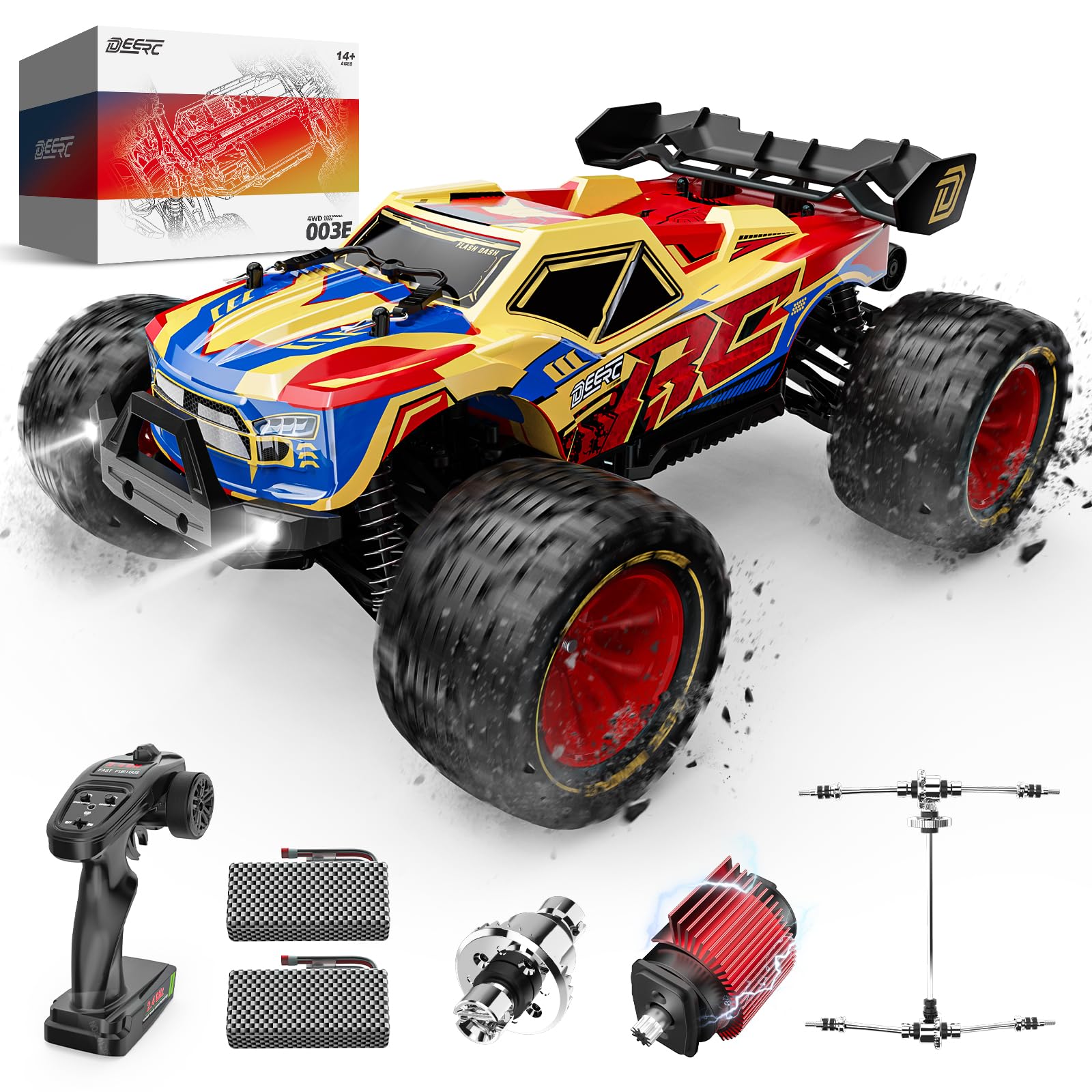 DEERC 1/14 Brushless Fast RC Cars for Adults Boys,Max 50KM/H High Speed Remote Control Car,4X4 All Terrains RC Monster Truck,Waterproof Off-Road Hobby Electric Vehicle Car Gift,2 Li-ion Batteries