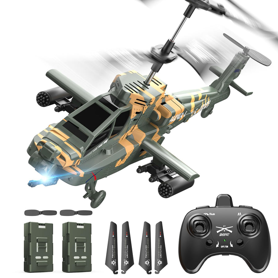 DEERC SQN040 Apache RC Helicopter for Adults & Kids, 2.4GHz Military Remote Control Helicopter, 2 Batteries, 26 Mins Flight, LED Lights, Altitude Hold, One-Key Take Off, Indoor Friendly, Gift for 8-12 Boys
