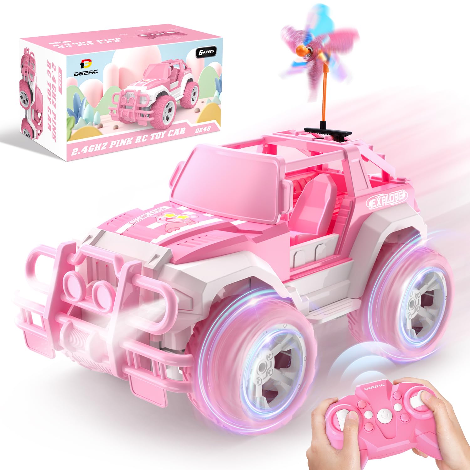 DEERC RC Cars with Windmill Hair Clips, 1:18 Scale Remote Control Car with Storage Case, 80 Min Playtime 2.4Ghz LED Light Off-Road Pink Monster RC Trucks with Auto Mode, Toys Car Gifts for Girls Kids