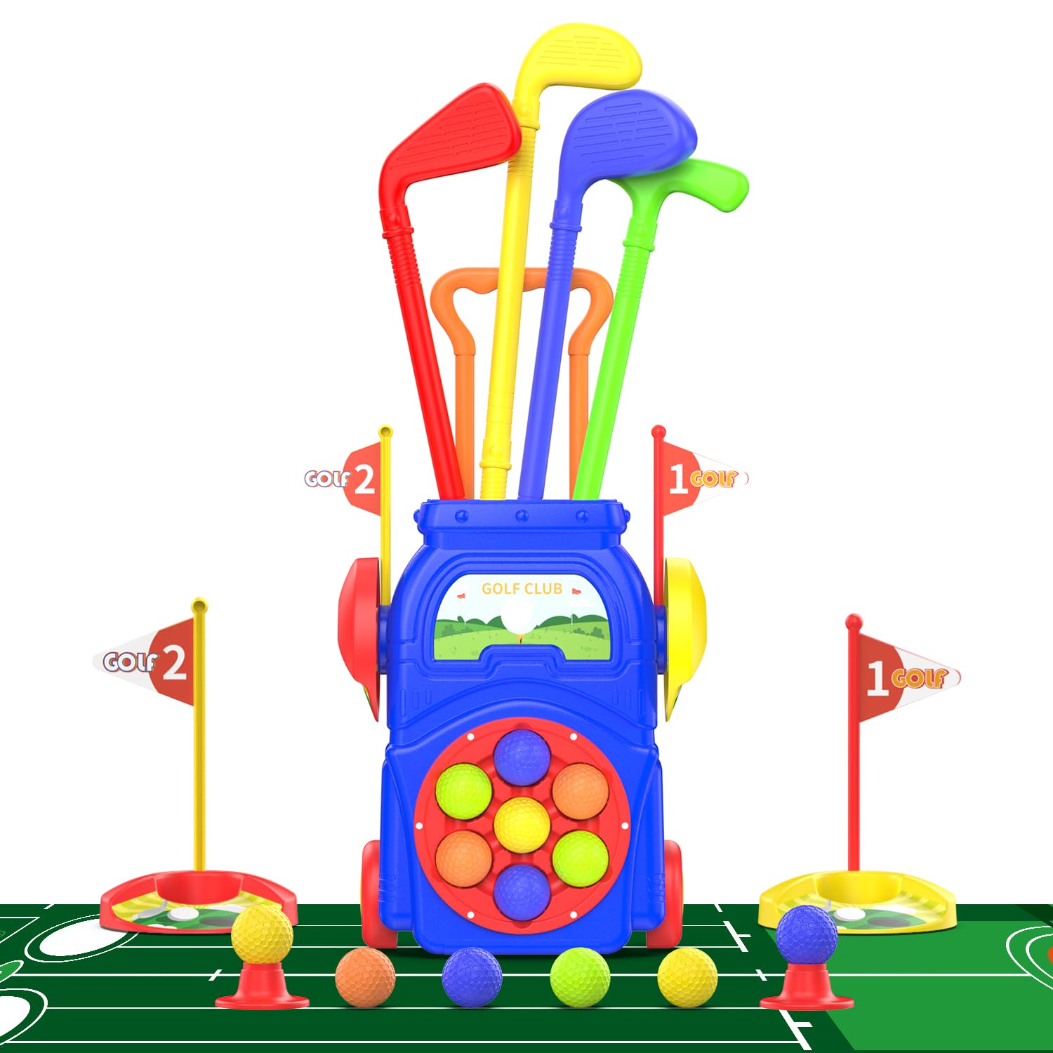 EagleStone Toddler Golf Set for Boys & Girls Ages 2 3 4 5, Kids Golf Clubs with Putting Mat, Golf Cart, 7 Balls, 4 Golf Clubs, 2 Practice Holes, Indoor & Outdoor Toy Sports Gift