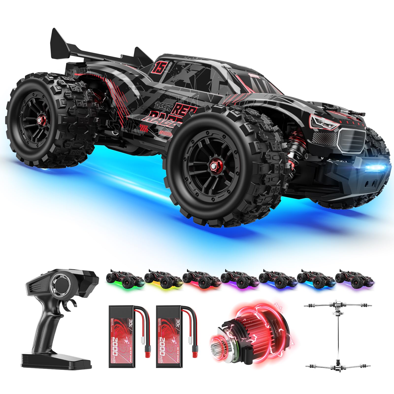 DEERC 1:14 Fast Brushless RC Car for Adults, Max 46+ mph Off-Road Truck, 2 * 3S Lipo 4WD Waterproof, 7 Lighting Modes High Speed Remote Control, All Terrain Truggy for Snow, Sand & Mud