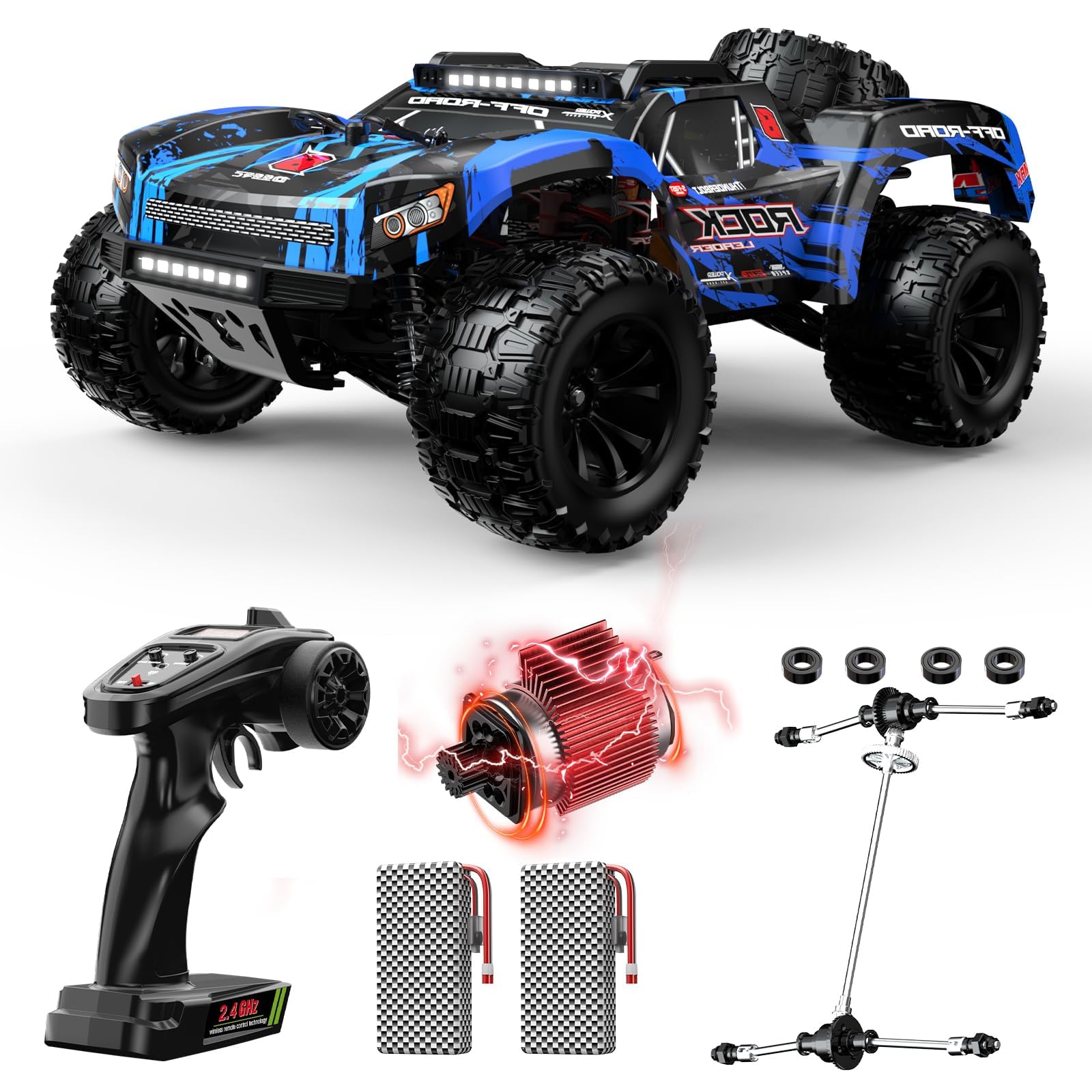 DEERC 9006E 1:12 RC Cars for Adults Boys, 45KM/H Off-Road Short Course Truck, 4WD All Terrain Remote Control Monster Truck, 2.4GHz Waterproof Car with 2 Rechargeable Batteries, Spare Tire, LED Lights