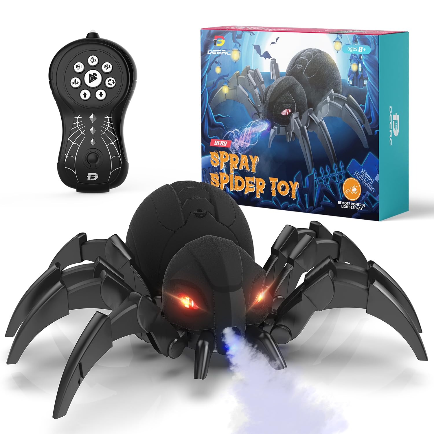 DEERC Remote Control Spider, Robot Spide with Spray and Lights, Black Widow Toy for Kids, for Halloween Xmas Birthday Party Joke Prank, Wireless RC Realistic Bot Moving Real Music Effect Tarantula