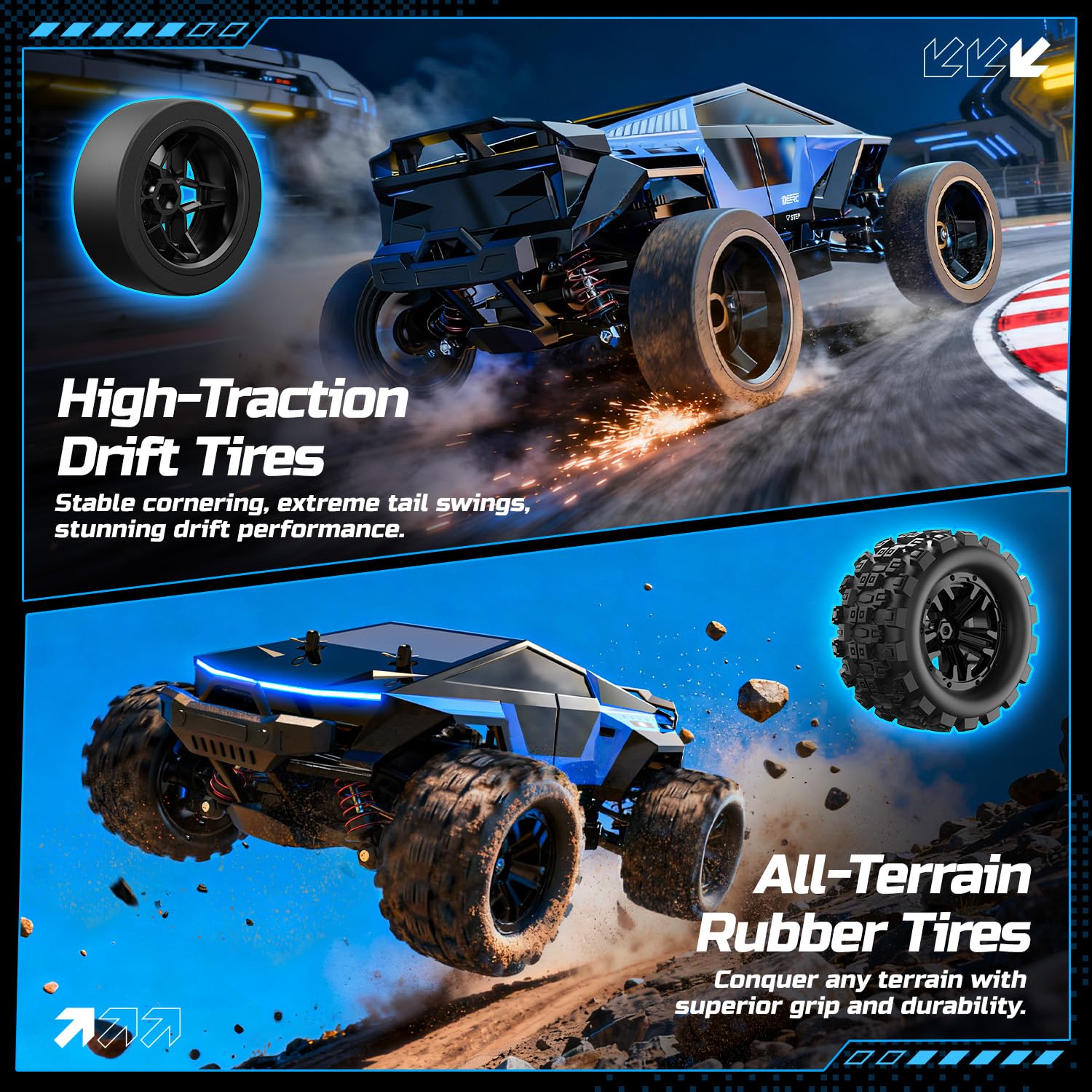 DEERC 1/18 All Terrain Fast Drift & Racing RC Car, 40KM/H Remote Control Truck with Futuristic Body Shell, Extra Drift Wheels, 2.4GHz Waterproof Off-Road Vehicle with 2 Batteries for Kids & Adults