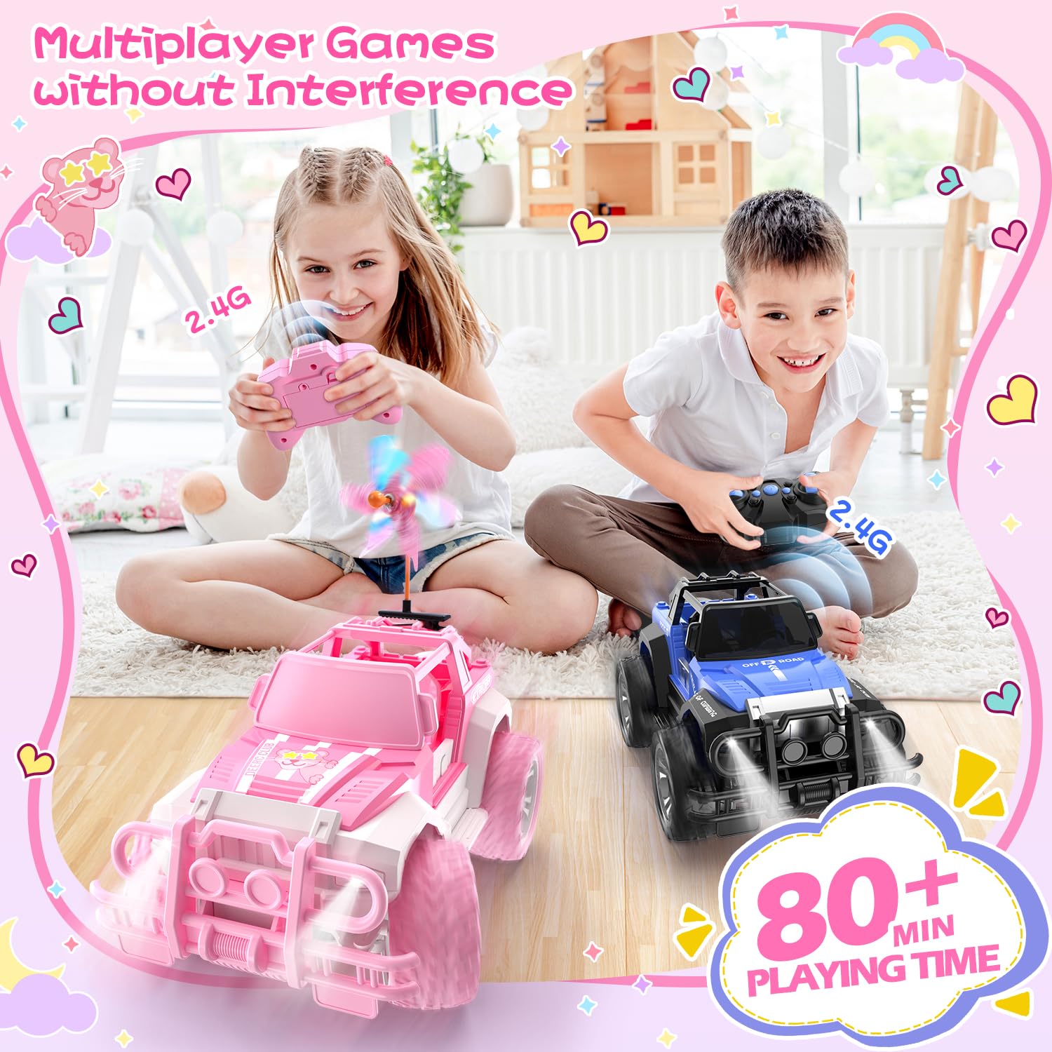 DEERC RC Cars with Windmill Hair Clips, 1:18 Scale Remote Control Car with Storage Case, 80 Min Playtime 2.4Ghz LED Light Off-Road Pink Monster RC Trucks with Auto Mode, Toys Car Gifts for Girls Kids