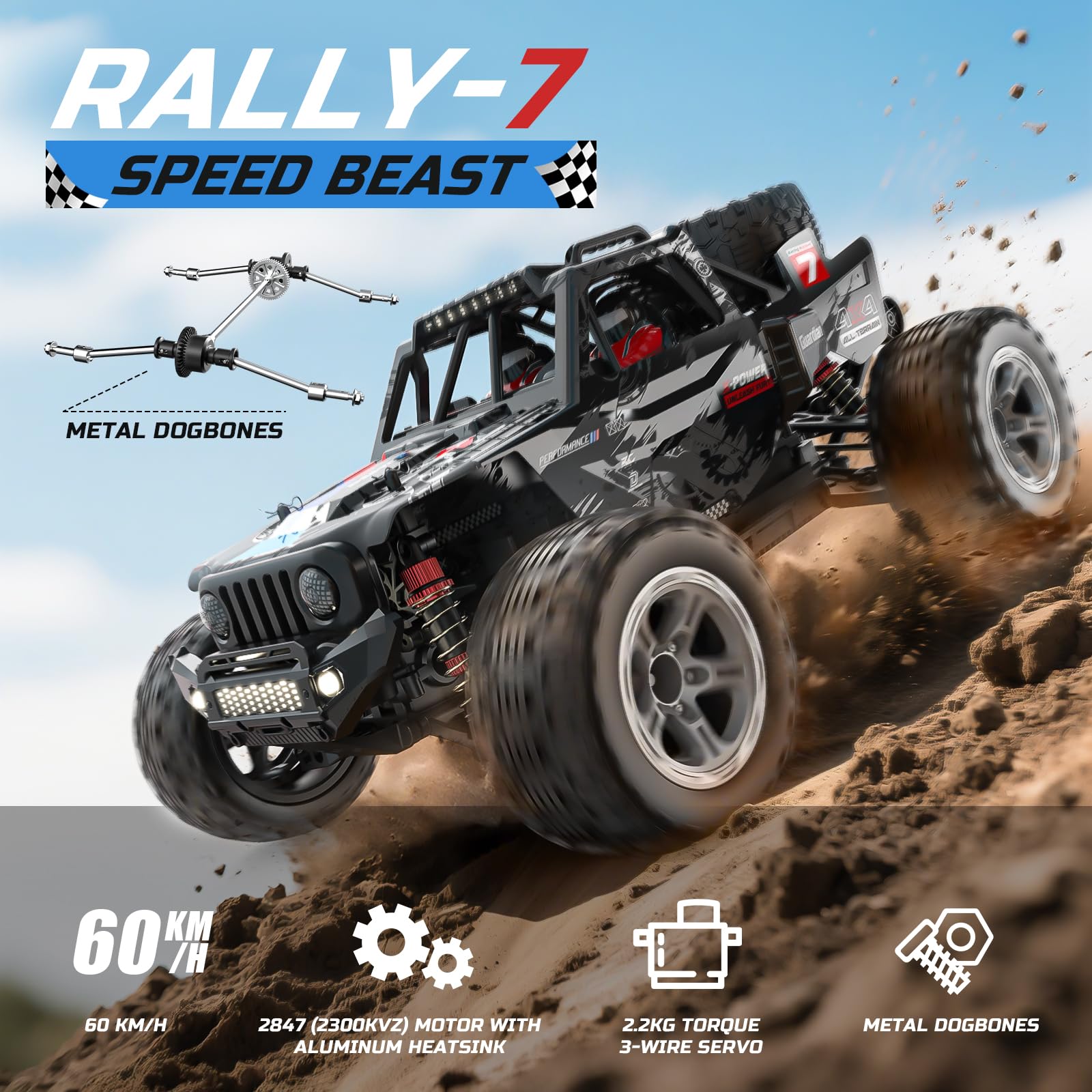 DEERC 1/10 Brushless RC Cars for Adults, 60 KMH 4x4 Off-Road RC Truck, Waterproof Remote Control Monster Truck, High Speed RC Car, All Terrain Remote Control Car for Boys, 2 * 3S Lipo Batteries