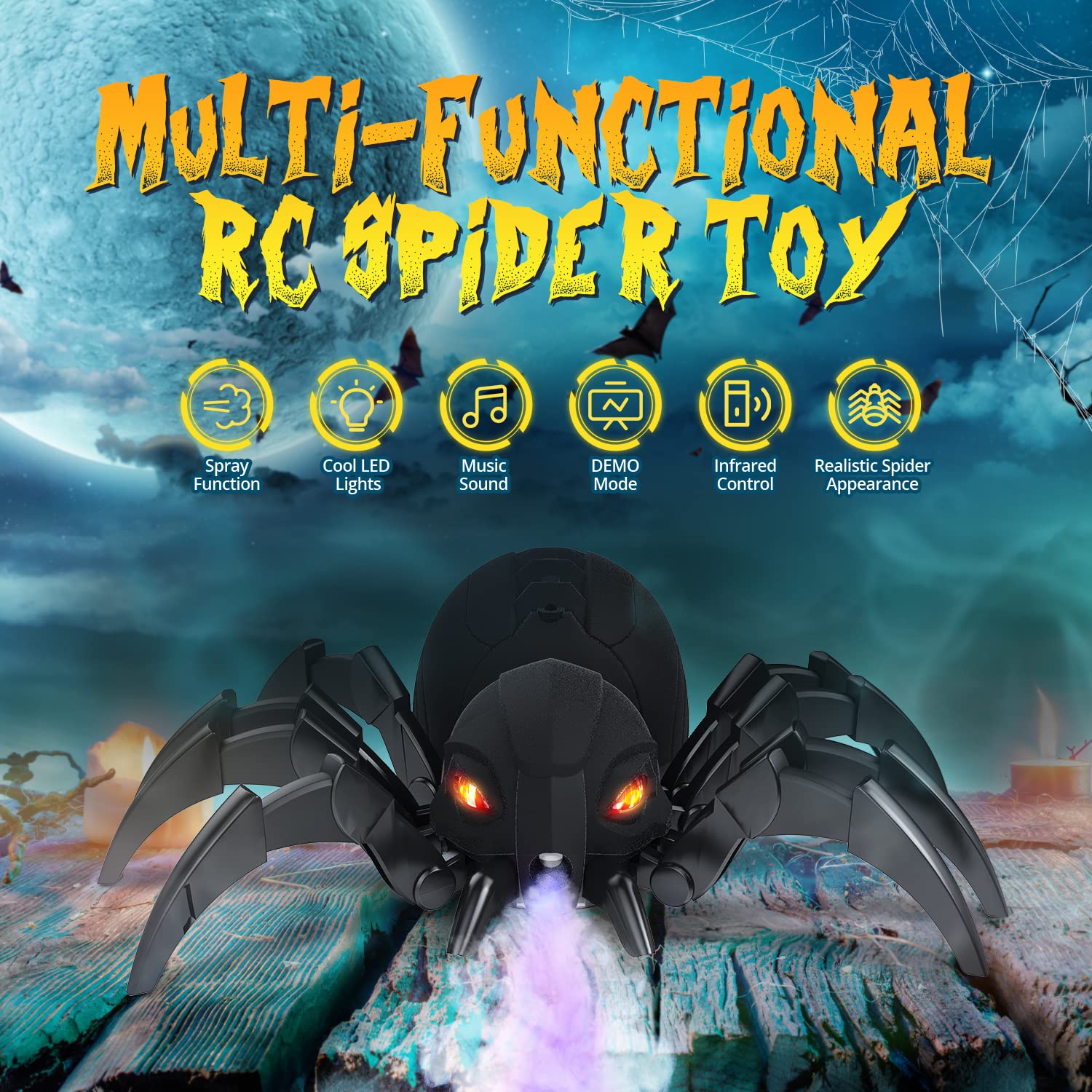 DEERC Remote Control Spider, Robot Spide with Spray and Lights, Black Widow Toy for Kids, for Halloween Xmas Birthday Party Joke Prank, Wireless RC Realistic Bot Moving Real Music Effect Tarantula