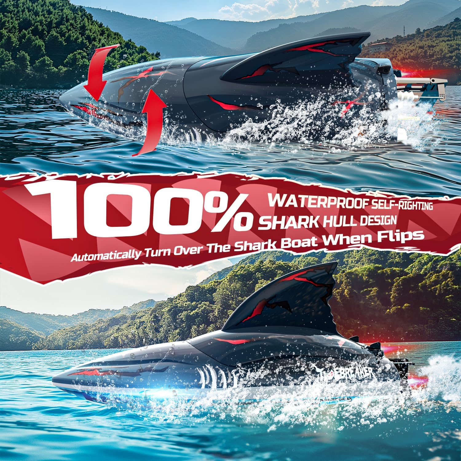 DEERC Fast Brushless RC Boat for Adults, 30+MPH 3S High Speed Remote Control Boat, Self-righting 2.4Ghz Speed Shark with LED Lights, Summer Toy Gift for Kids