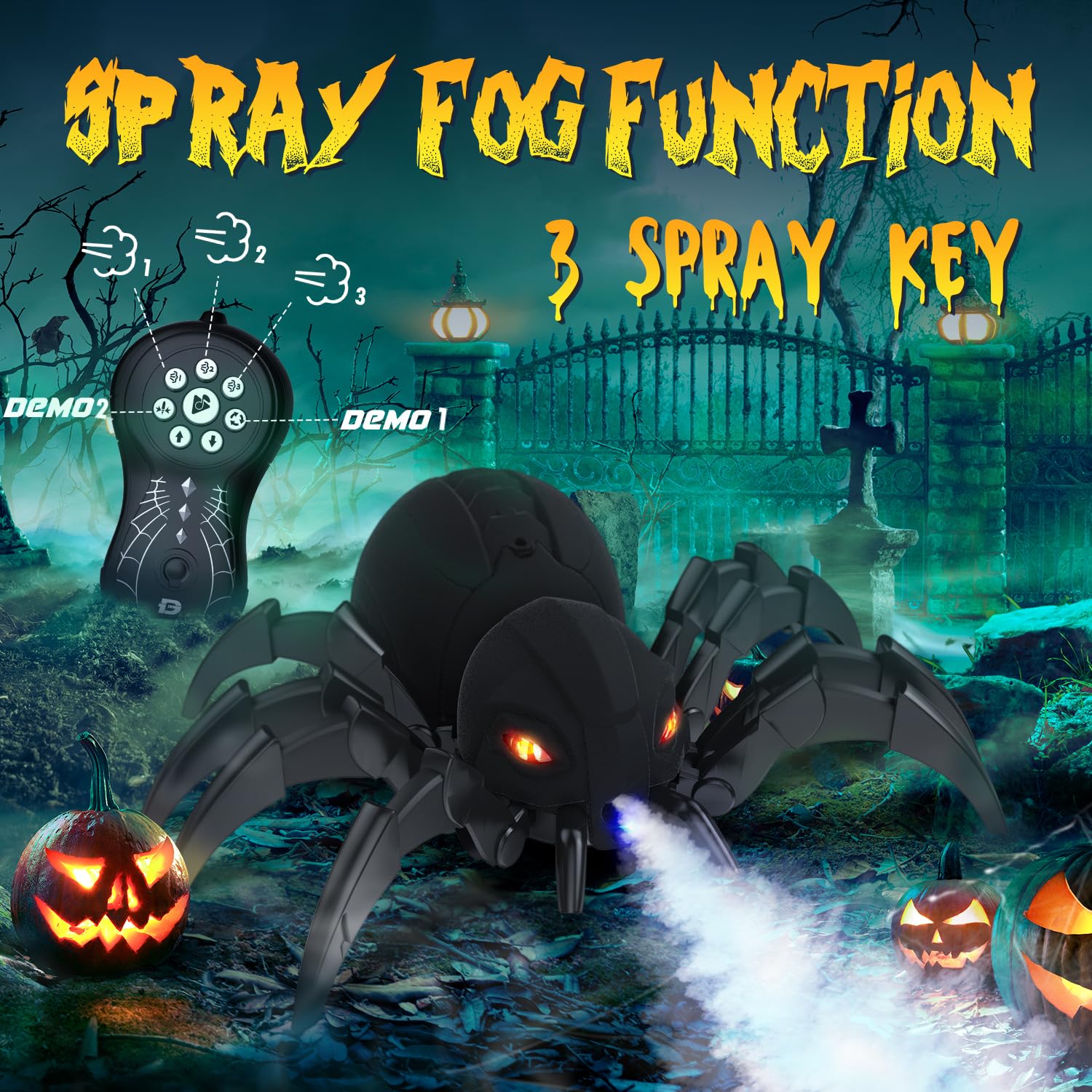 DEERC Remote Control Spider, Robot Spide with Spray and Lights, Black Widow Toy for Kids, for Halloween Xmas Birthday Party Joke Prank, Wireless RC Realistic Bot Moving Real Music Effect Tarantula