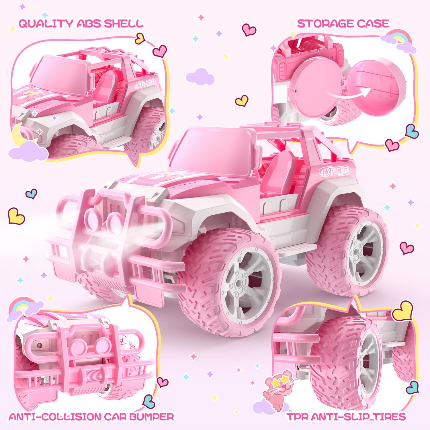 DEERC RC Cars with Windmill Hair Clips, 1:18 Scale Remote Control Car with Storage Case, 80 Min Playtime 2.4Ghz LED Light Off-Road Pink Monster RC Trucks with Auto Mode, Toys Car Gifts for Girls Kids