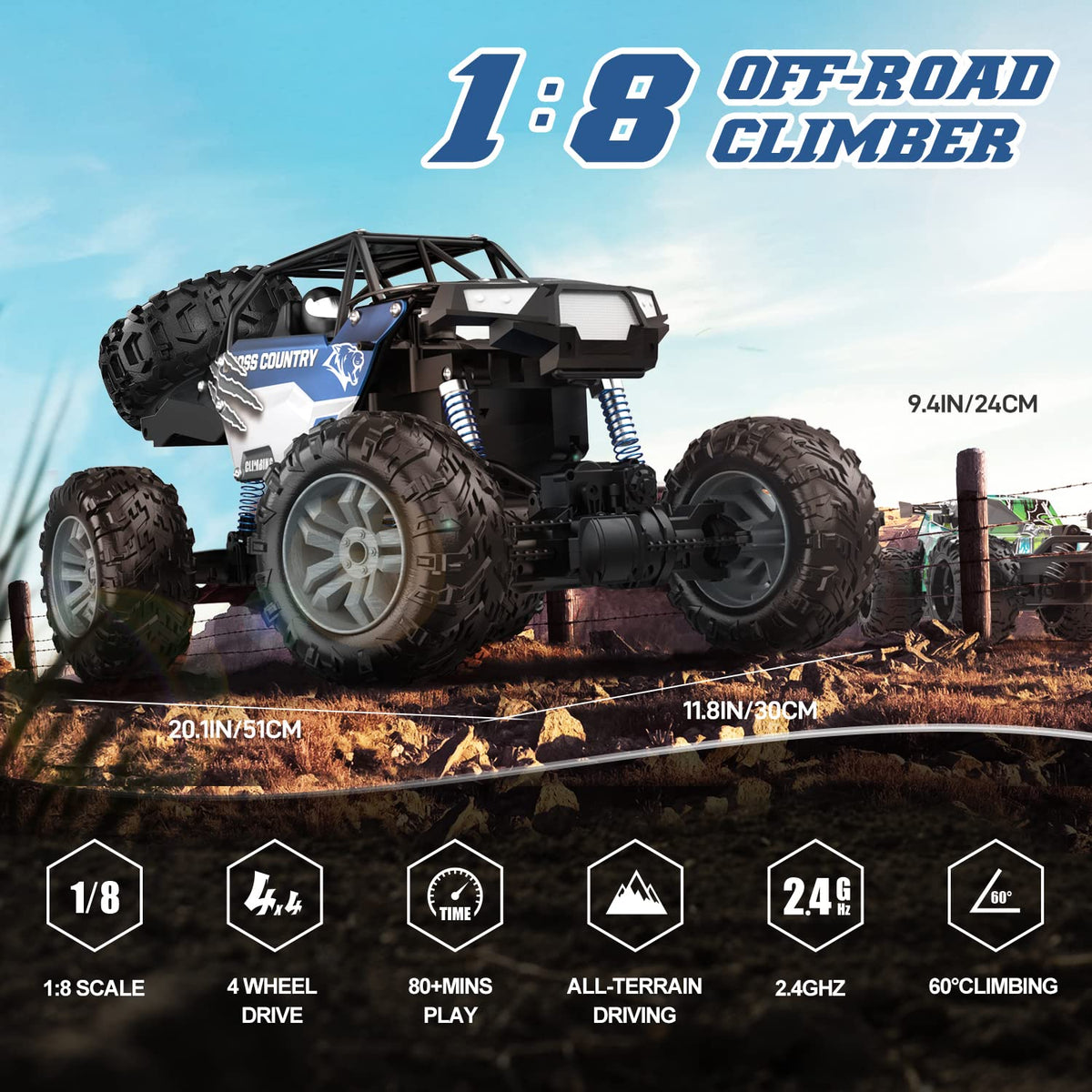 DEERC Large 1:8 Scale Monster Truck for Adults and Boys, Upgraded Remo