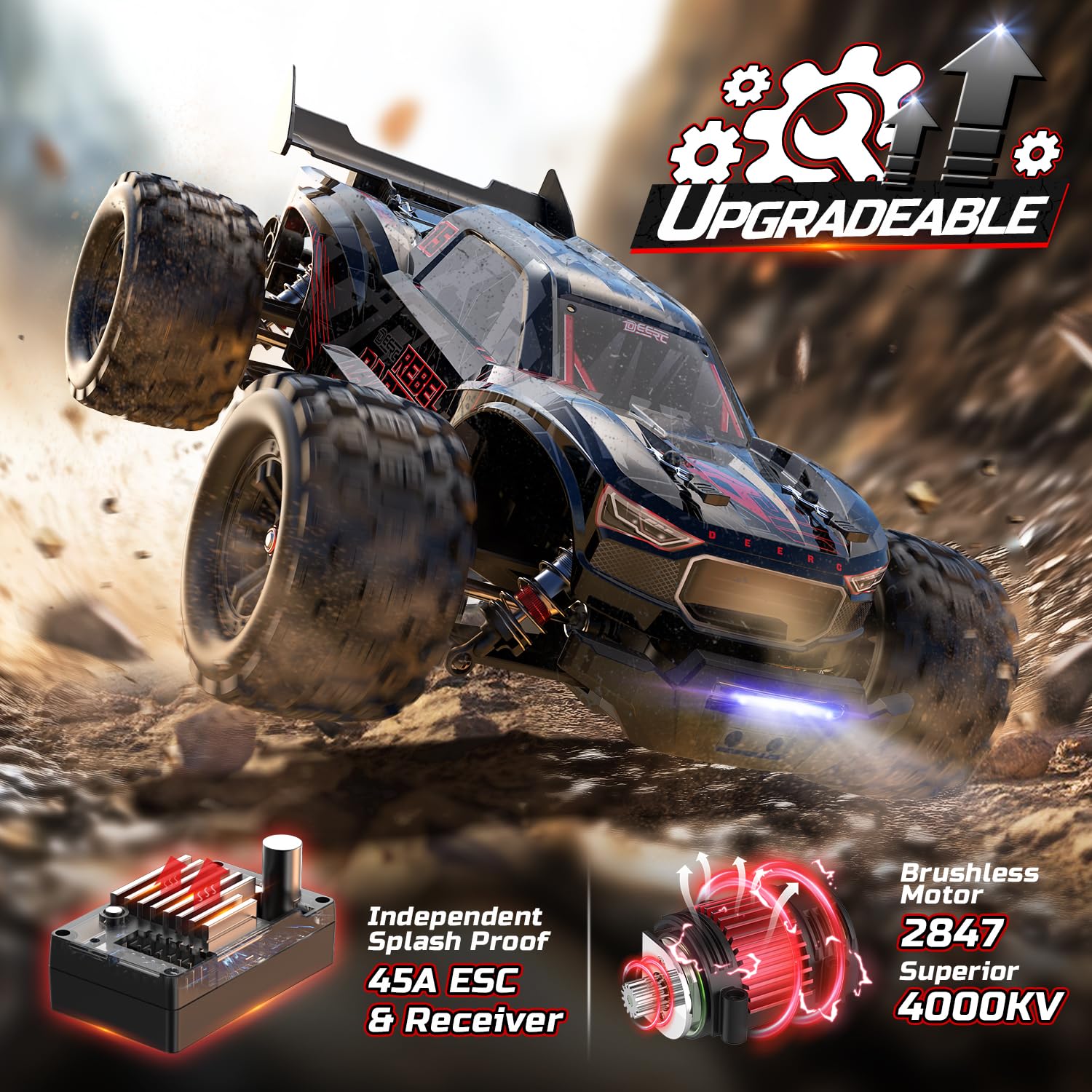DEERC 1:14 Fast Brushless RC Car for Adults, Max 46+ mph Off-Road Truck, 2 * 3S Lipo 4WD Waterproof, 7 Lighting Modes High Speed Remote Control, All Terrain Truggy for Snow, Sand & Mud