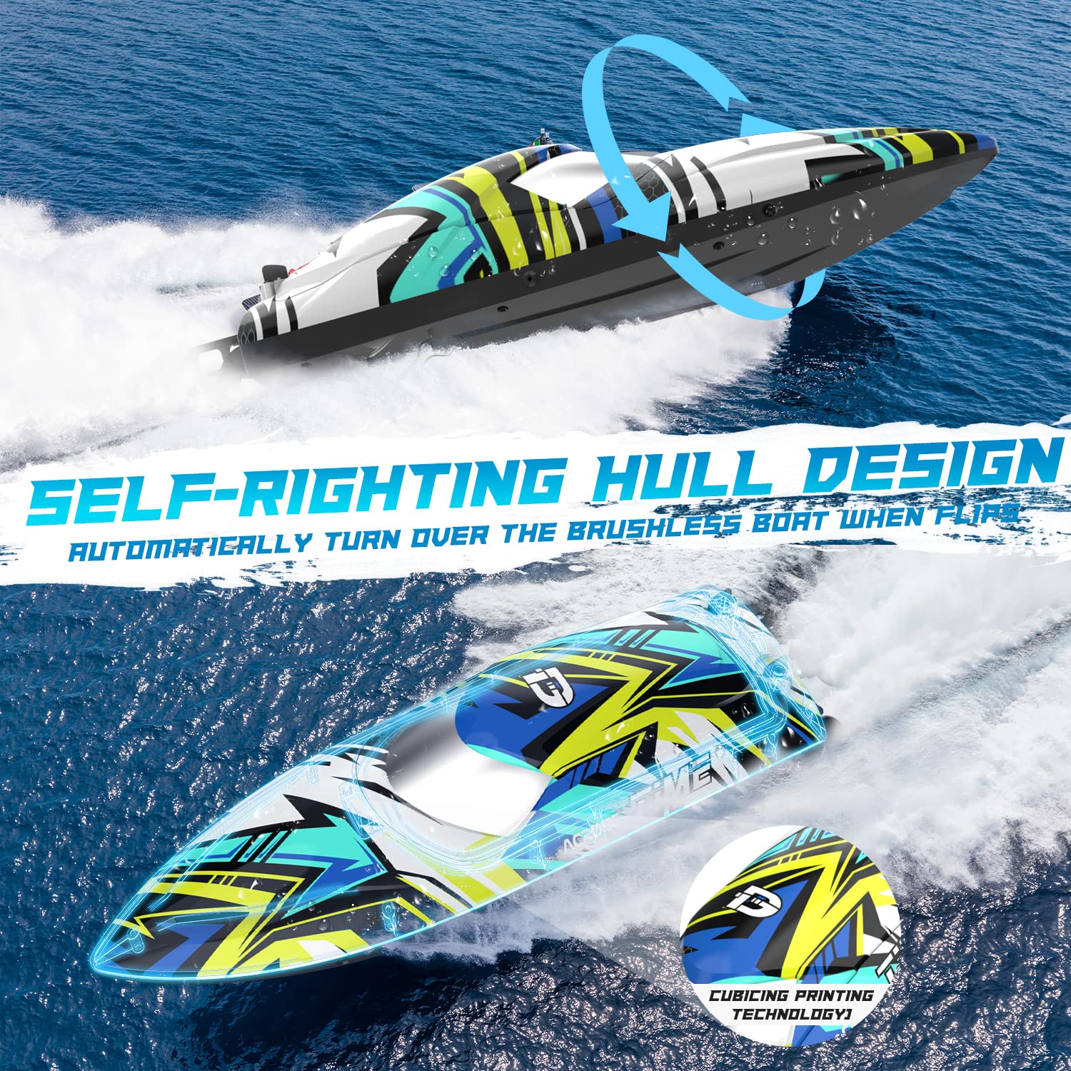 DEERC Brushless Remote Control Speed Boat, 30+ mph Racing RC Boat, Full Proportional 2.4Ghz, Self-Righting with LED Light for Adults & Kids