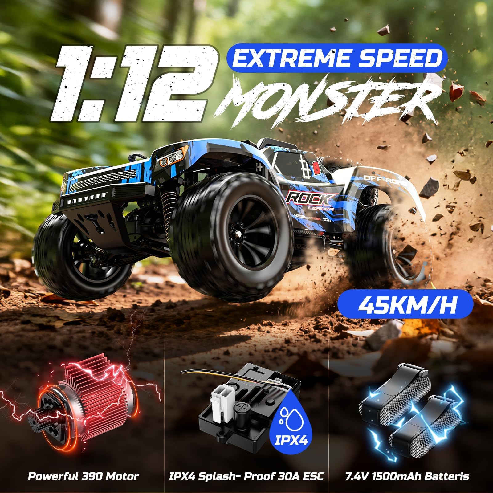 DEERC 9006E 1:12 RC Cars for Adults Boys, 45KM/H Off-Road Short Course Truck, 4WD All Terrain Remote Control Monster Truck, 2.4GHz Waterproof Car with 2 Rechargeable Batteries, Spare Tire, LED Lights