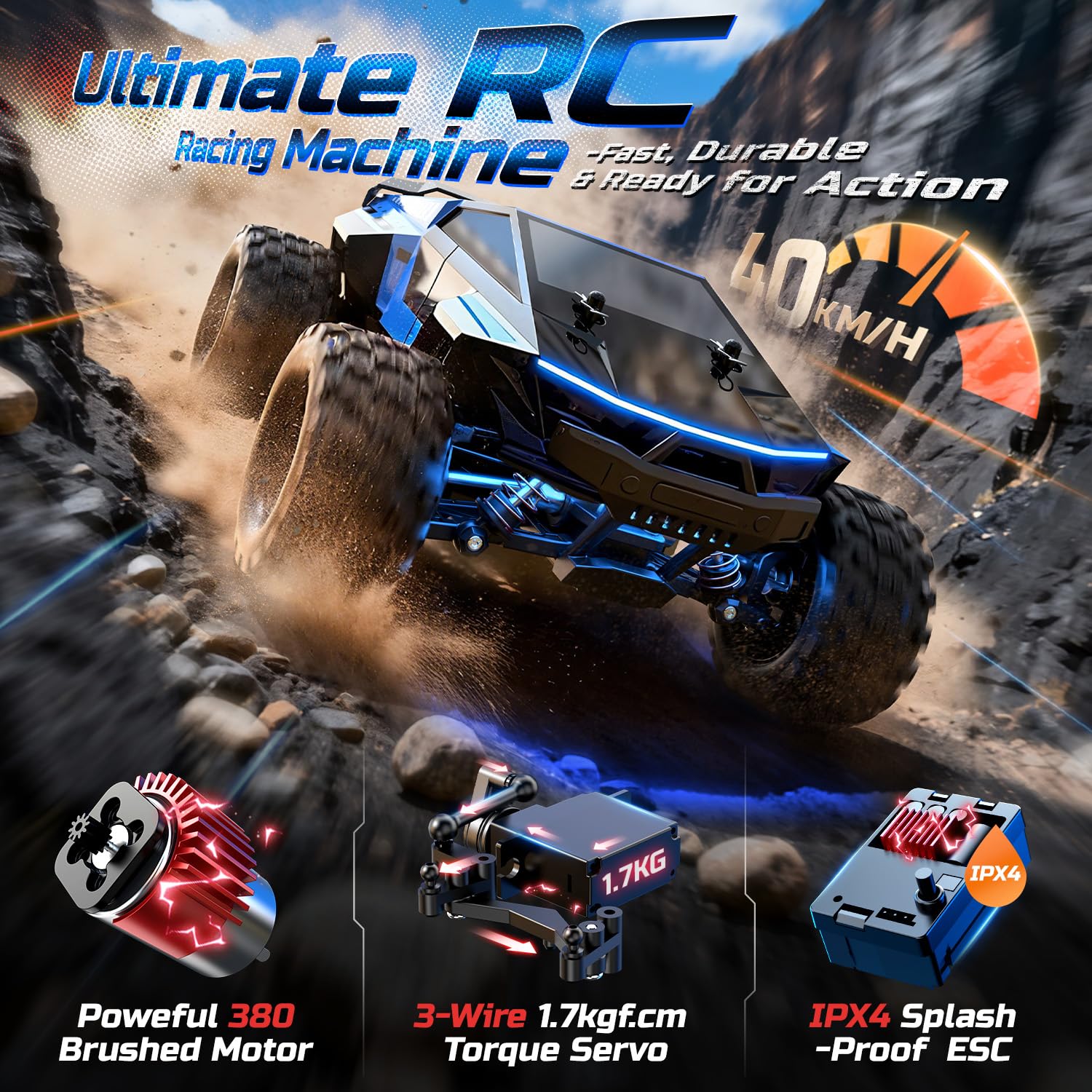DEERC 1/18 All Terrain Fast Drift & Racing RC Car, 40KM/H Remote Control Truck with Futuristic Body Shell, Extra Drift Wheels, 2.4GHz Waterproof Off-Road Vehicle with 2 Batteries for Kids & Adults
