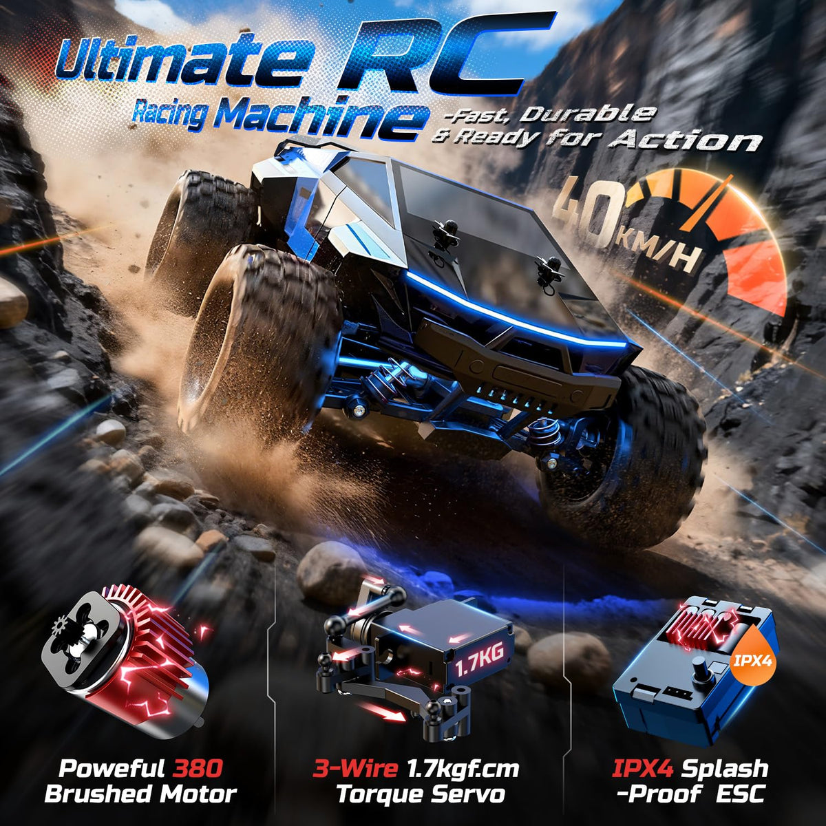 DEERC 1/18 All Terrain Fast Drift & Racing RC Car, 40KM/H Remote Contr