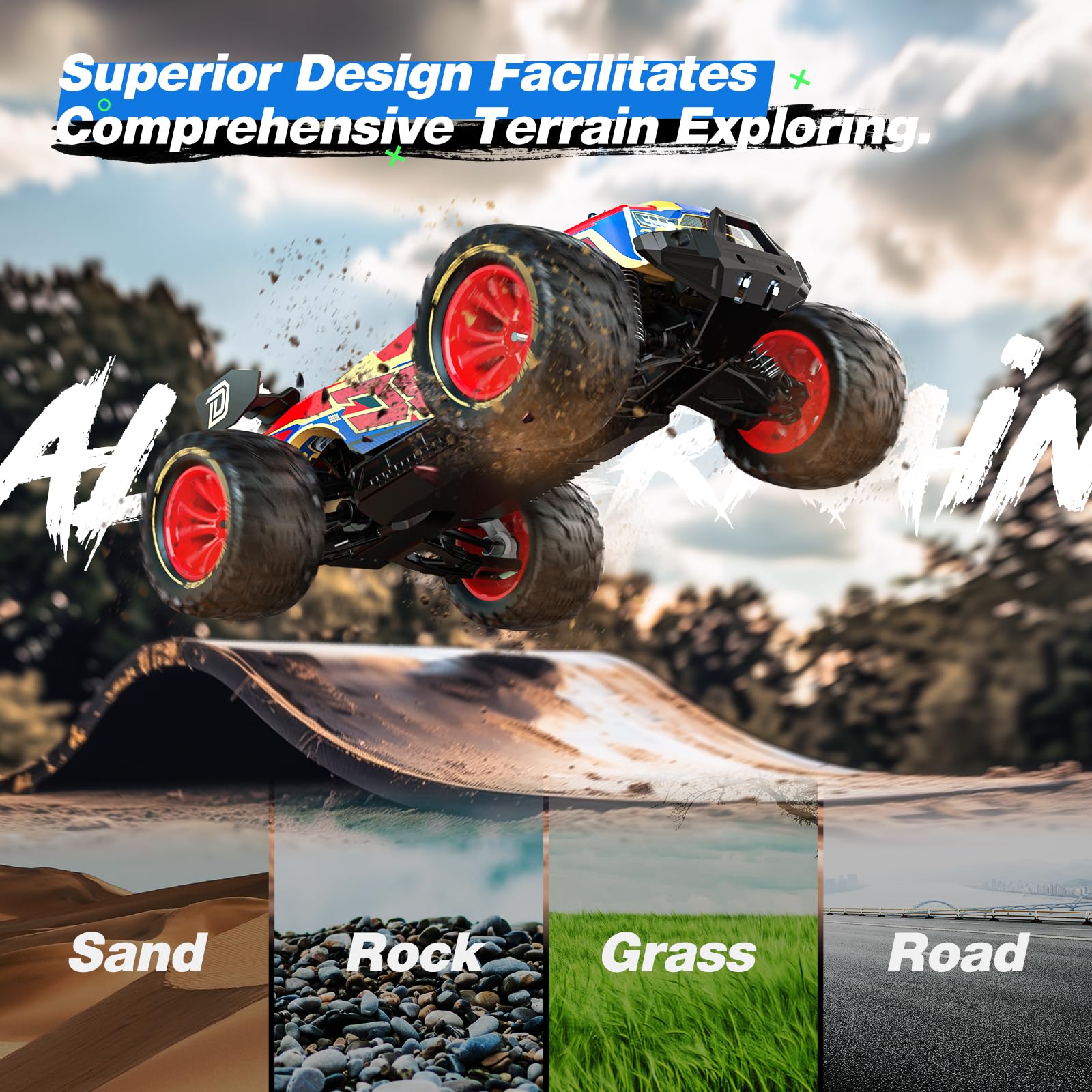 DEERC 1/14 Brushless Fast RC Cars for Adults Boys,Max 50KM/H High Speed Remote Control Car,4X4 All Terrains RC Monster Truck,Waterproof Off-Road Hobby Electric Vehicle Car Gift,2 Li-ion Batteries