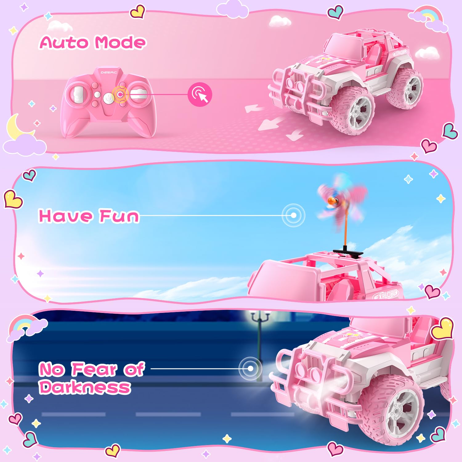 DEERC RC Cars with Windmill Hair Clips, 1:18 Scale Remote Control Car with Storage Case, 80 Min Playtime 2.4Ghz LED Light Off-Road Pink Monster RC Trucks with Auto Mode, Toys Car Gifts for Girls Kids