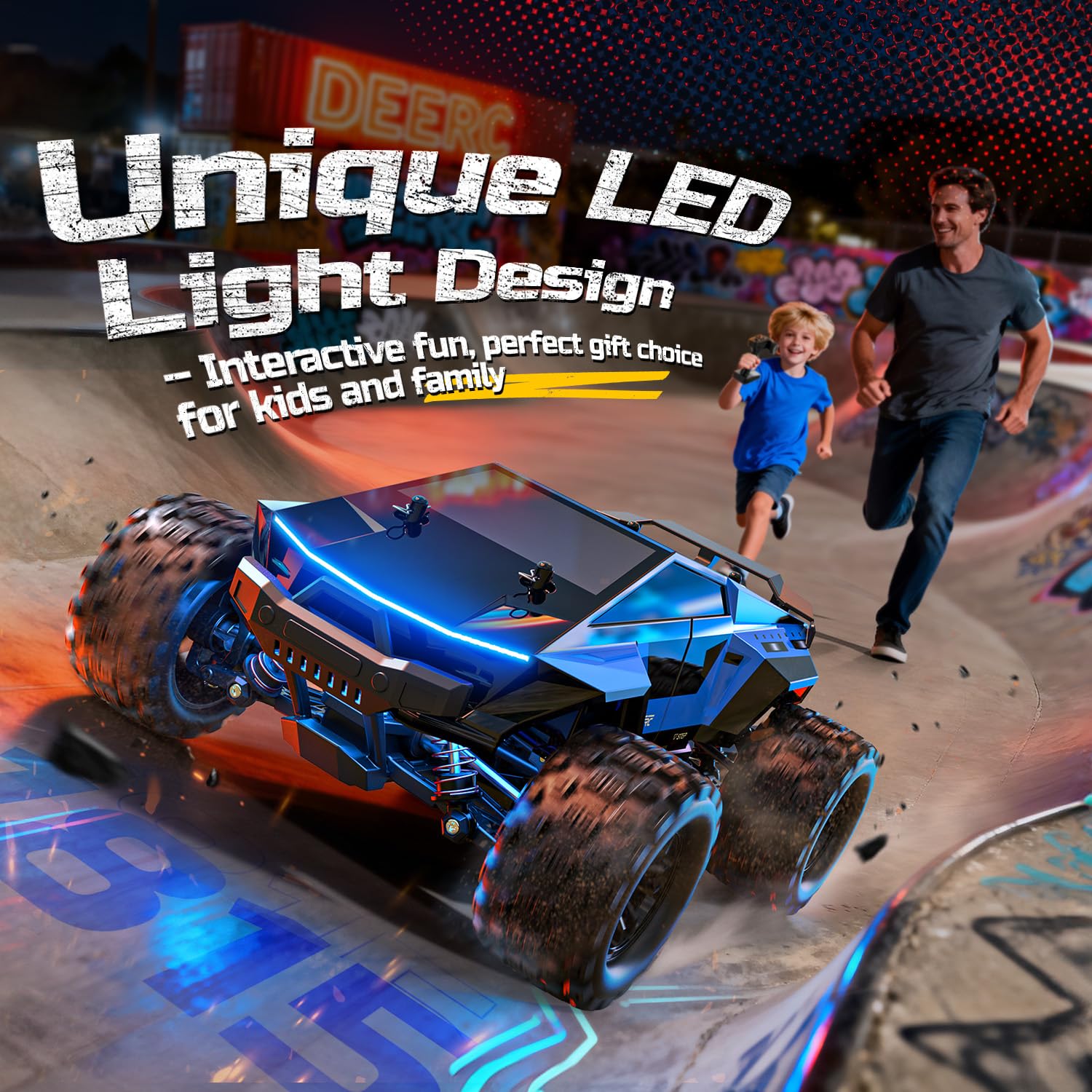 DEERC 1/18 All Terrain Fast Drift & Racing RC Car, 40KM/H Remote Control Truck with Futuristic Body Shell, Extra Drift Wheels, 2.4GHz Waterproof Off-Road Vehicle with 2 Batteries for Kids & Adults