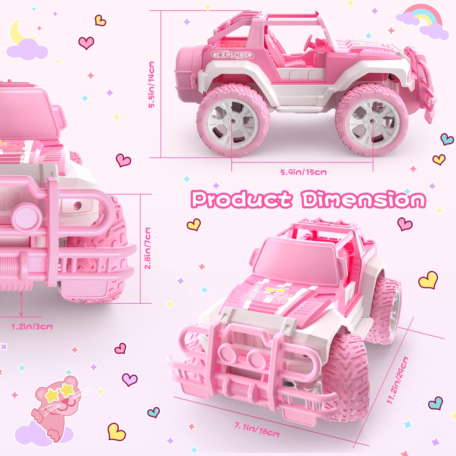 DEERC RC Cars with Windmill Hair Clips, 1:18 Scale Remote Control Car with Storage Case, 80 Min Playtime 2.4Ghz LED Light Off-Road Pink Monster RC Trucks with Auto Mode, Toys Car Gifts for Girls Kids