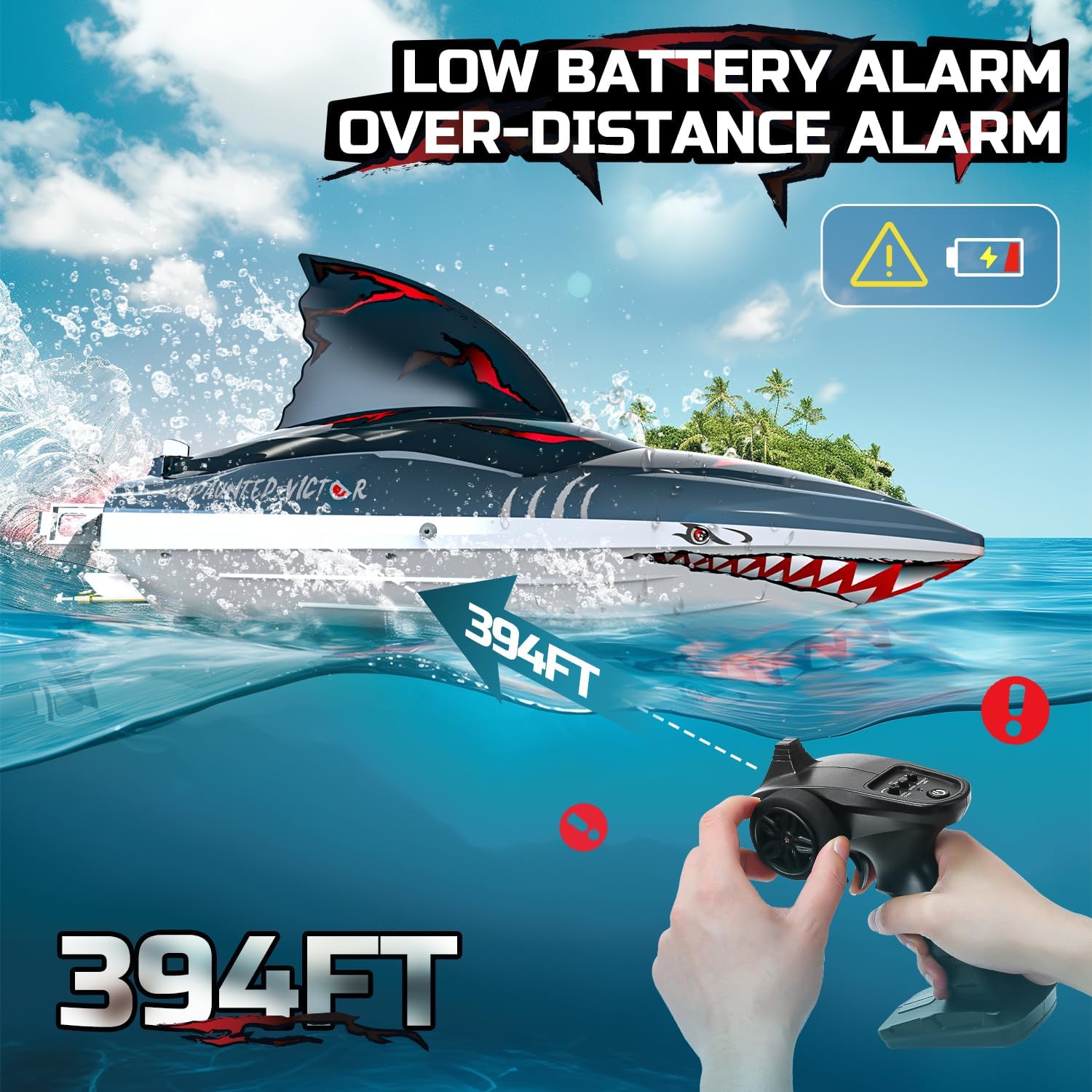 DEERC Fast Brushless RC Boat for Adults, 30+MPH 3S High Speed Remote Control Boat, Self-righting 2.4Ghz Speed Shark with LED Lights, Summer Toy Gift for Kids