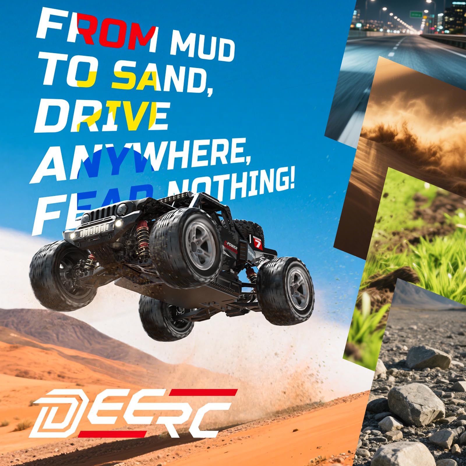 DEERC 1/10 Brushless RC Cars for Adults, 60 KMH 4x4 Off-Road RC Truck, Waterproof Remote Control Monster Truck, High Speed RC Car, All Terrain Remote Control Car for Boys, 2 * 3S Lipo Batteries