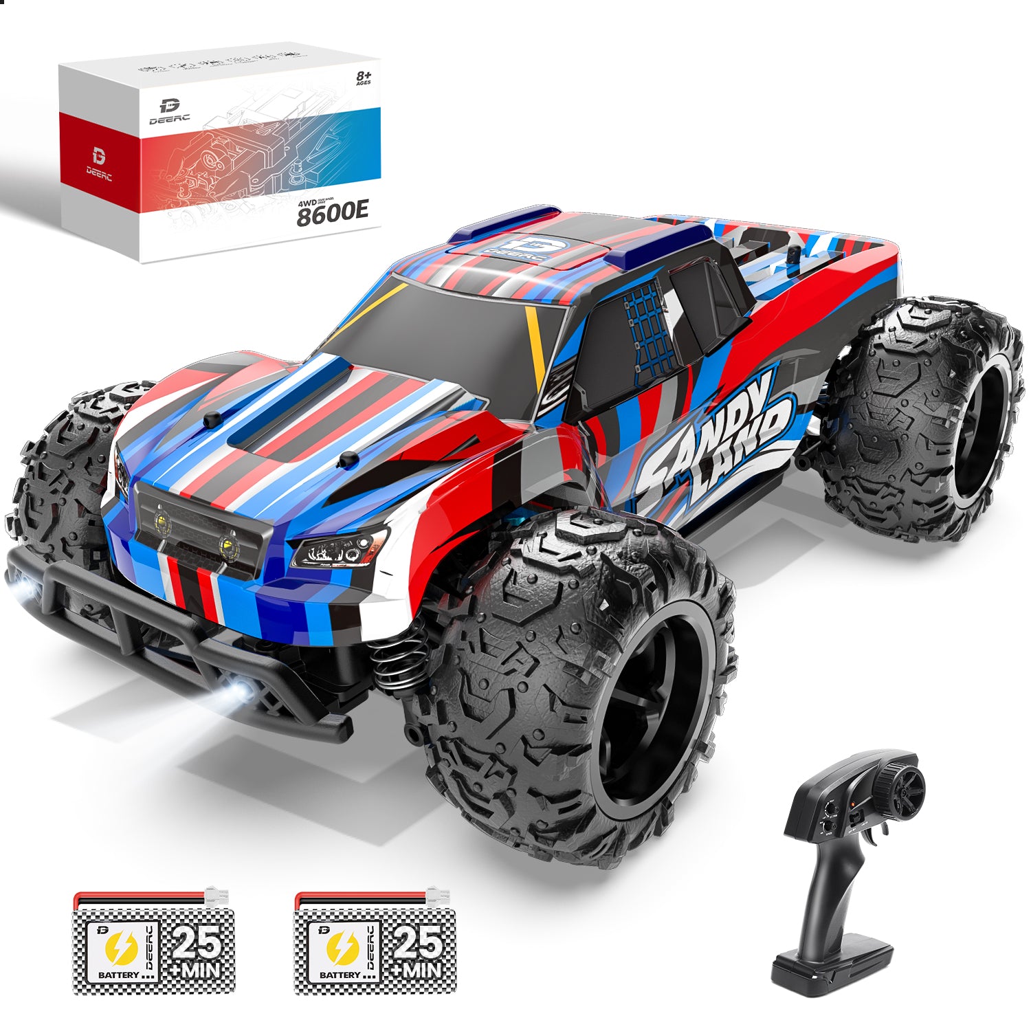 DEERC High Speed RC Car Full Proportional Remote Control Truck, All Terrains 4WD RC Truck W/ LED Lights, 50 Mins Play, 25 Km/h Electric Vehicle Toy, 2.4Ghz 1:20 Off Road Monster Truck, B-Day Gift