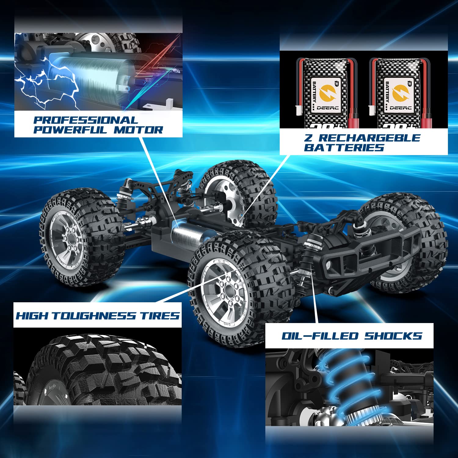 DEERC 9200E Large Hobby RC Cars, 48 KM/H 1:10 Scale Fast High Speed Remote Control Car for Adult Boy, 4WD 2.4GHz Off Road Monster RC Truck Toy All Terrain Racing,2 Batteries for 40 Min Play
