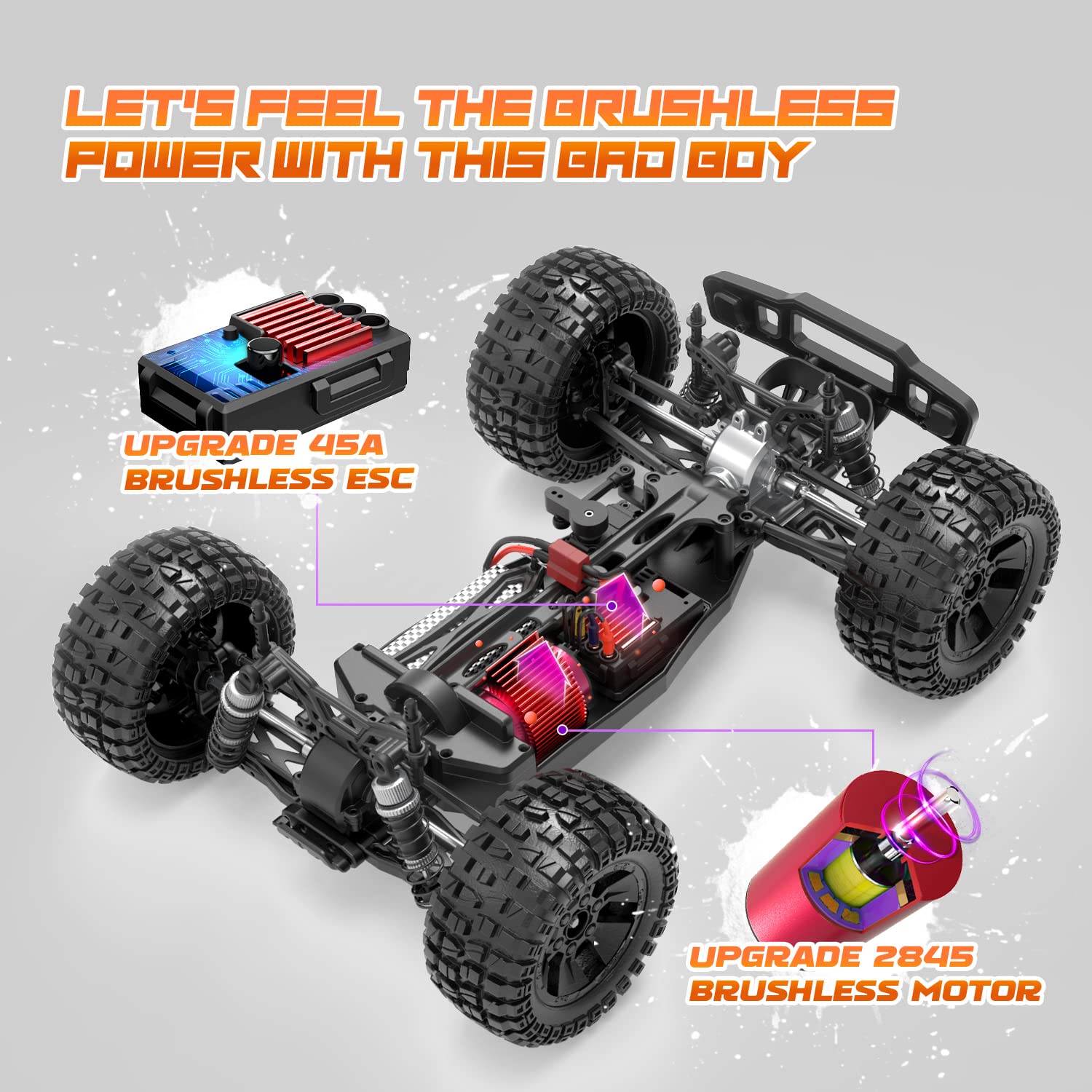 DEERC 200E Large Brushless High Speed RC Cars for Adults, 2 Car Shells, Upgraded 1:10 RC Trucks W/LED Headlight, 60 KM/H, Remote Control Car, All Terrain Offroad Monster Truck for Boys, 2 Battery