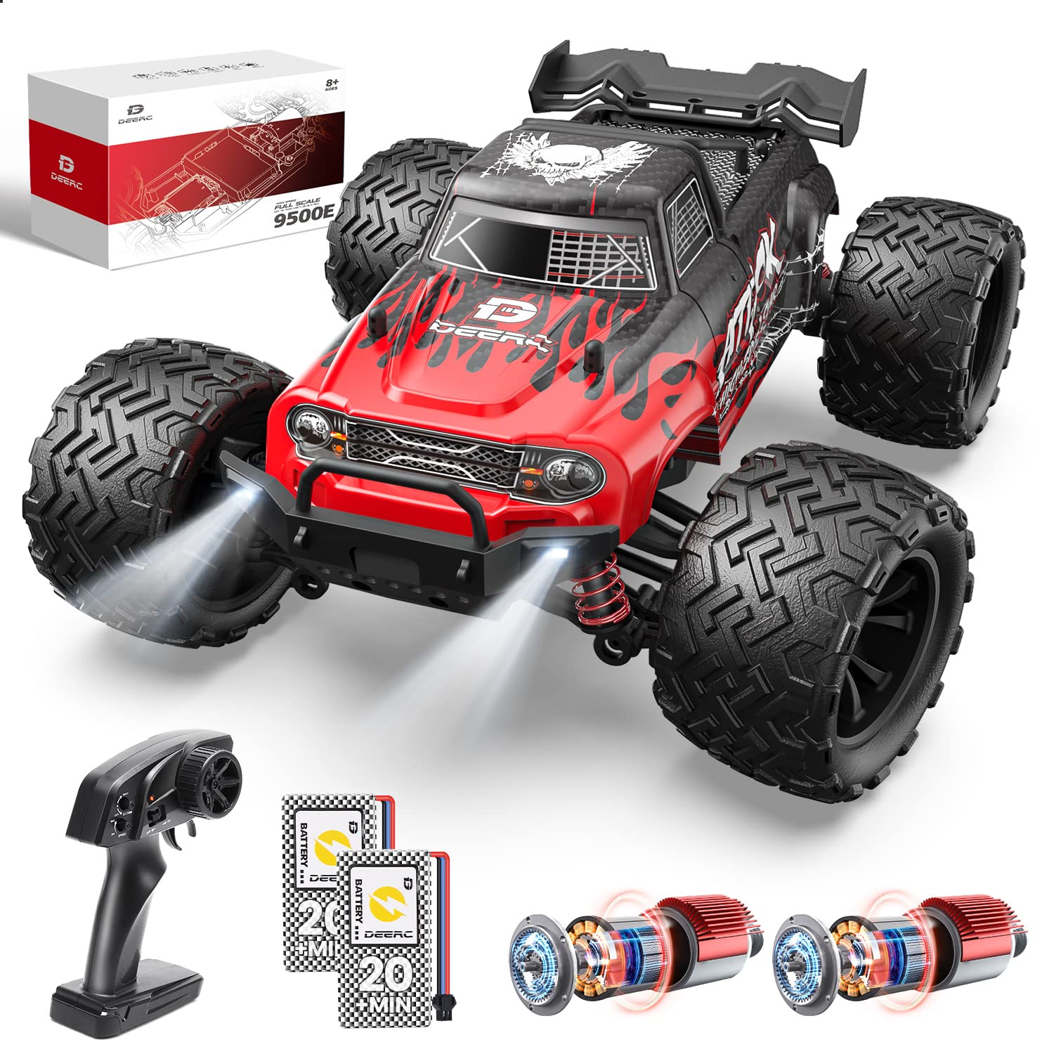 DEERC 9500E 1:16 Scale High Speed RC Car, RC Monster Truck,Racing Hobby Car for Adults, 40+kmh, 4WD All Terrain Off-Road Remote Control Car, 2.4Ghz RC Crawler, 2 Battery, Toy Gift for Kids