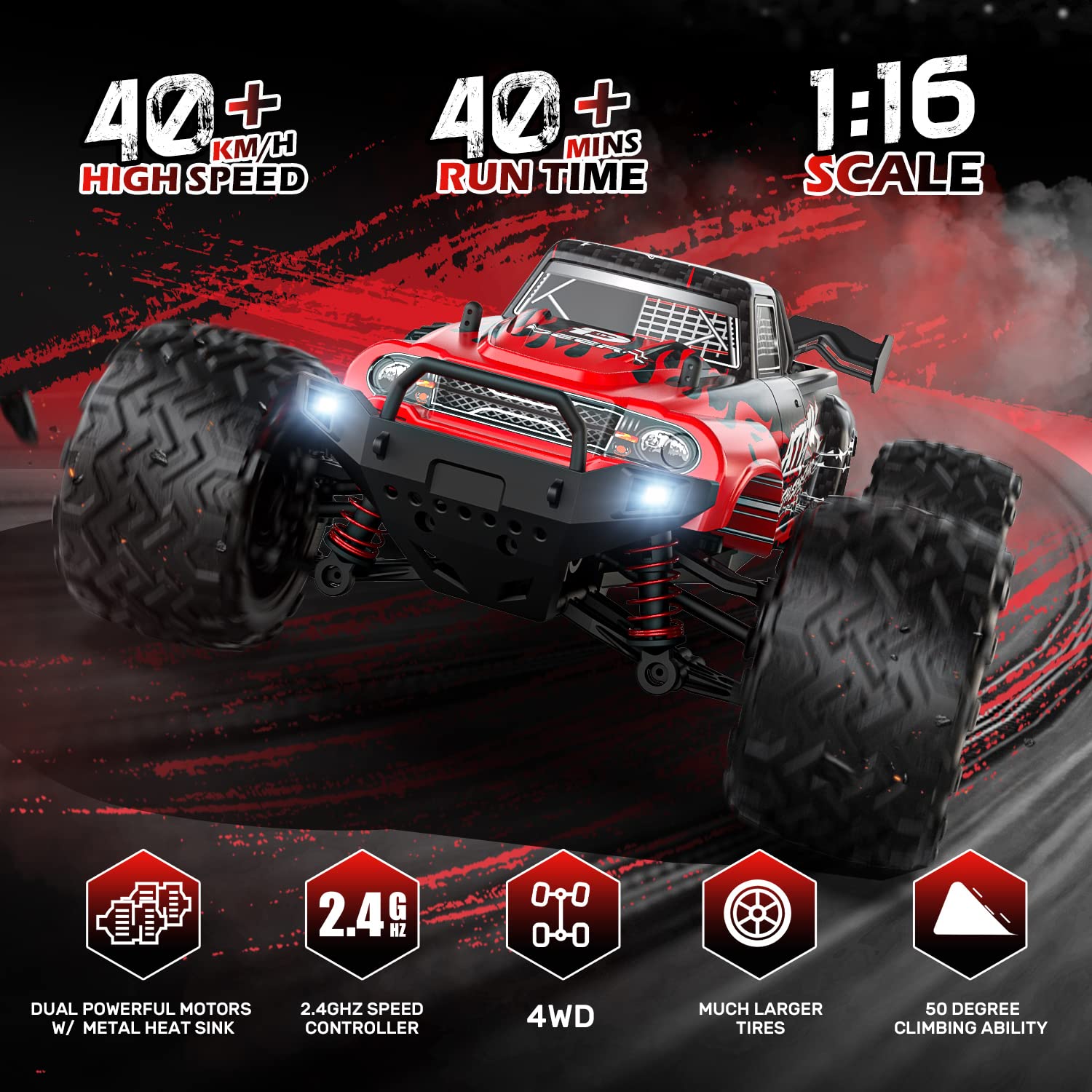 DEERC 9500E 1:16 Scale High Speed RC Car, RC Monster Truck,Racing Hobby Car for Adults, 40+kmh, 4WD All Terrain Off-Road Remote Control Car, 2.4Ghz RC Crawler, 2 Battery, Toy Gift for Kids