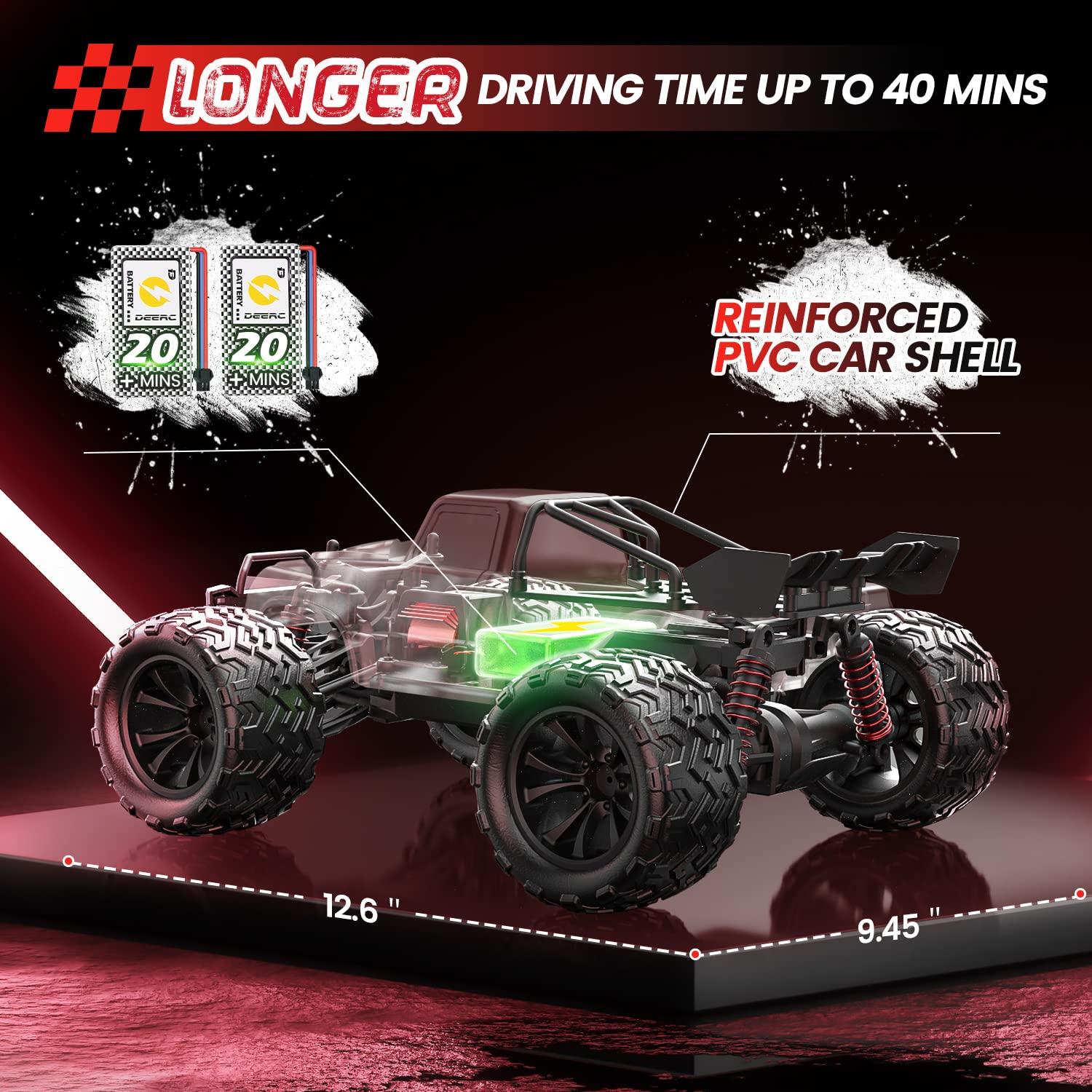 DEERC 9500E 1:16 Scale High Speed RC Car, RC Monster Truck,Racing Hobby Car for Adults, 40+kmh, 4WD All Terrain Off-Road Remote Control Car, 2.4Ghz RC Crawler, 2 Battery, Toy Gift for Kids