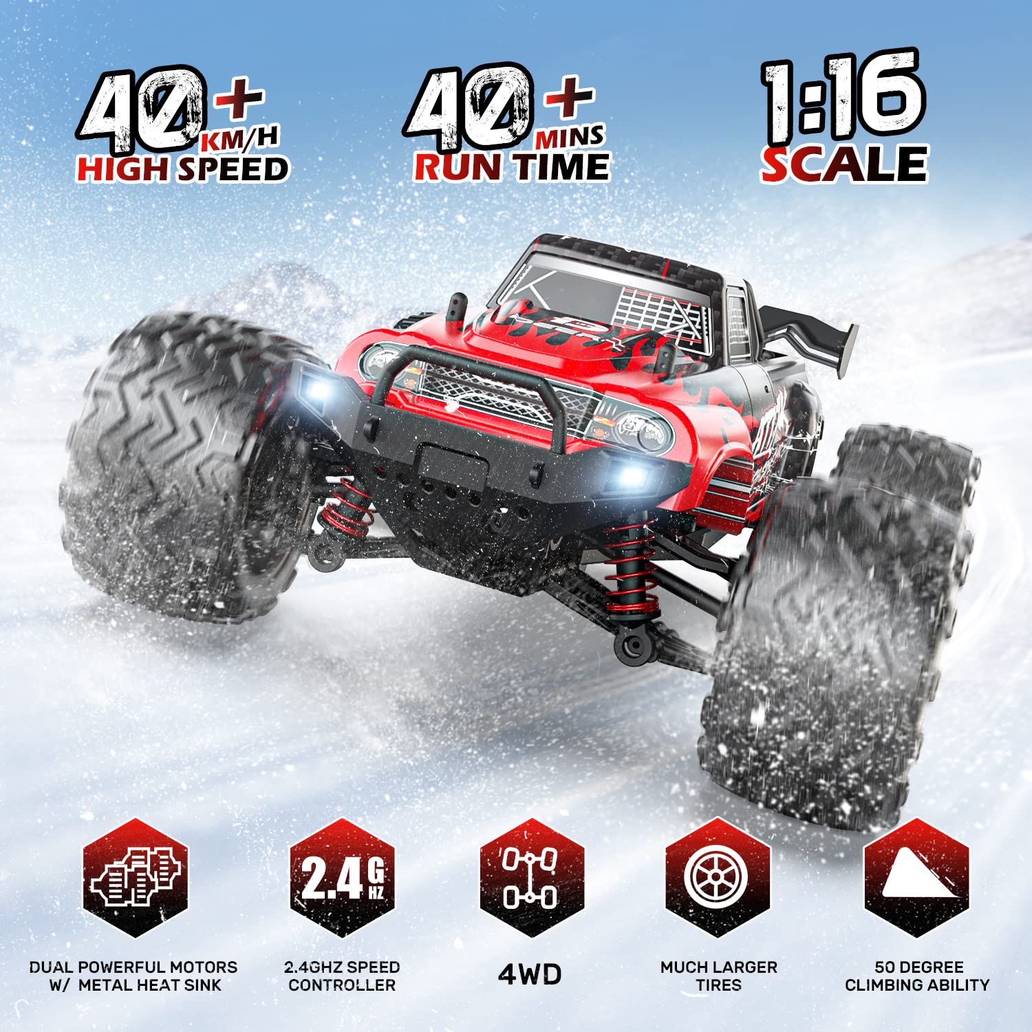 DEERC 9500E 1:16 Scale High Speed RC Car, RC Monster Truck,Racing Hobby Car for Adults, 40+kmh, 4WD All Terrain Off-Road Remote Control Car, 2.4Ghz RC Crawler, 2 Battery, Toy Gift for Kids