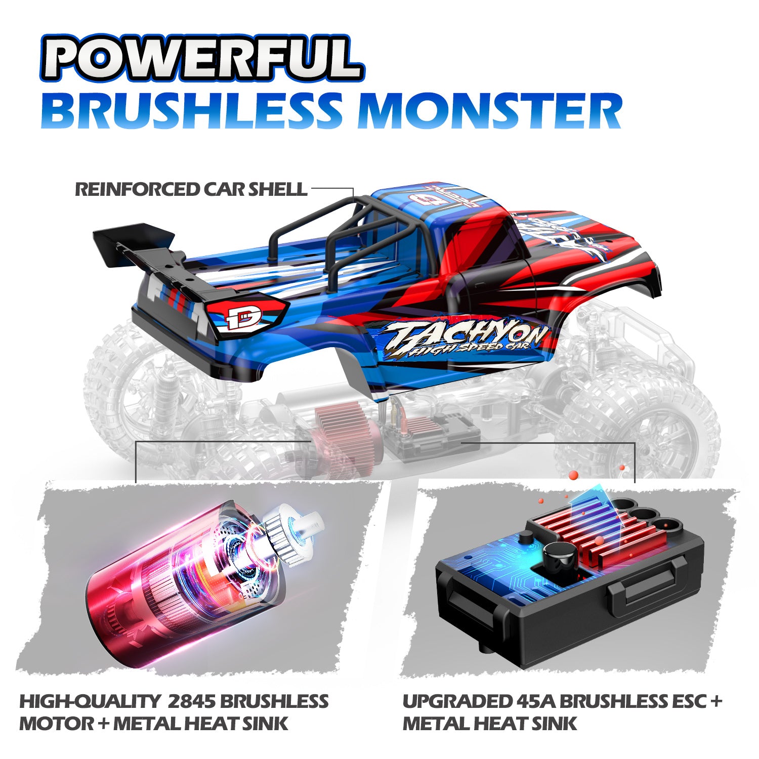 DEERC 1:10 Scale Fast Brushless RC Car for Adults, 4WD High Speed RC Monster Truck, 60+ KMH, All Terrain 2.4Ghz Hobby RC Truck, Off-Road Remote Control Vehicle, 40+ min Play, RC Crawler Gift for Boys