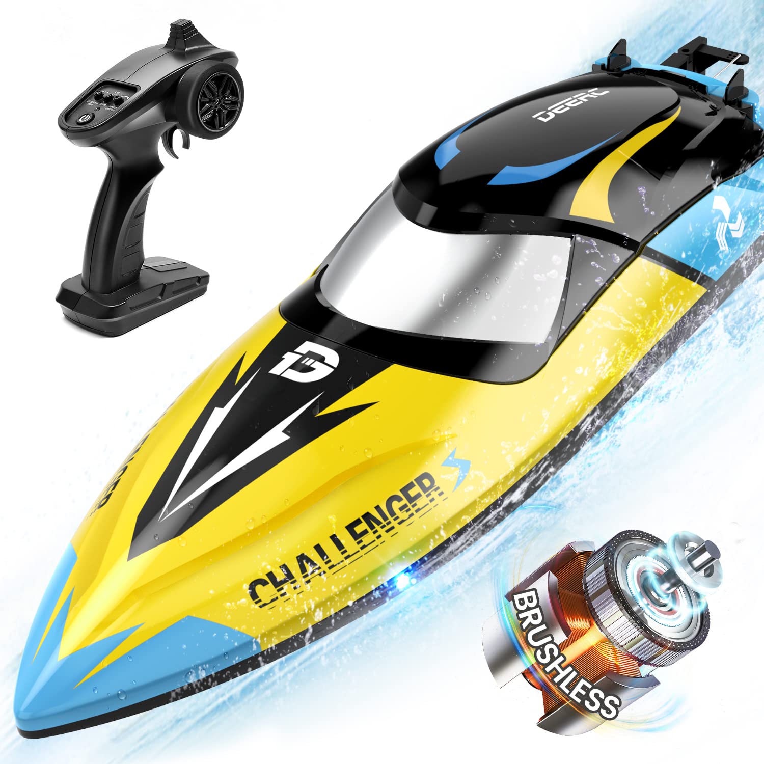 DEERC Brushless RC Boat, 30+ mph Fast Remote Control Boats with Never Capsize&Low Battery Alarm Function, 2.4GHz Racing Boat with LED Lights for Seas, Pools&Lakes, Speed Boat Toy for Adults Boys&Girls