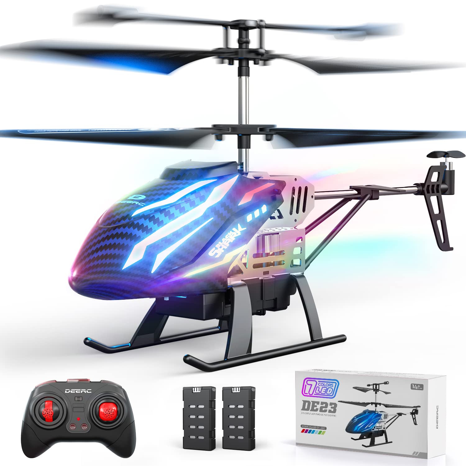 DEERC DE23 Remote Control Helicopter, RC Helicopters with 7 Colors Light, 2 Modular Battery for 24 Min Play, Altitude Hold, One Key take Off/Landing, 2.4GHz Aircraft Indoor Flying Toy for Boys Girls