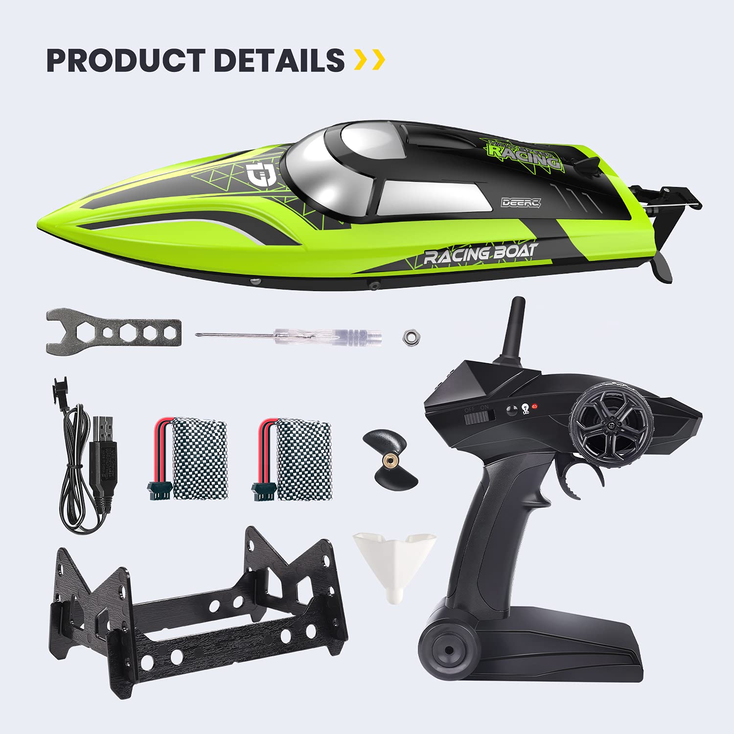 DEERC RC Boat with LED Light, 30+ Mins, Self Righting Remote Control Boat for Pools & Lakes, 20+ MPH, 2.4GHz Racing Boats, 2 Battery, Pool Toys for Kids, Radio Controlled Watercraft